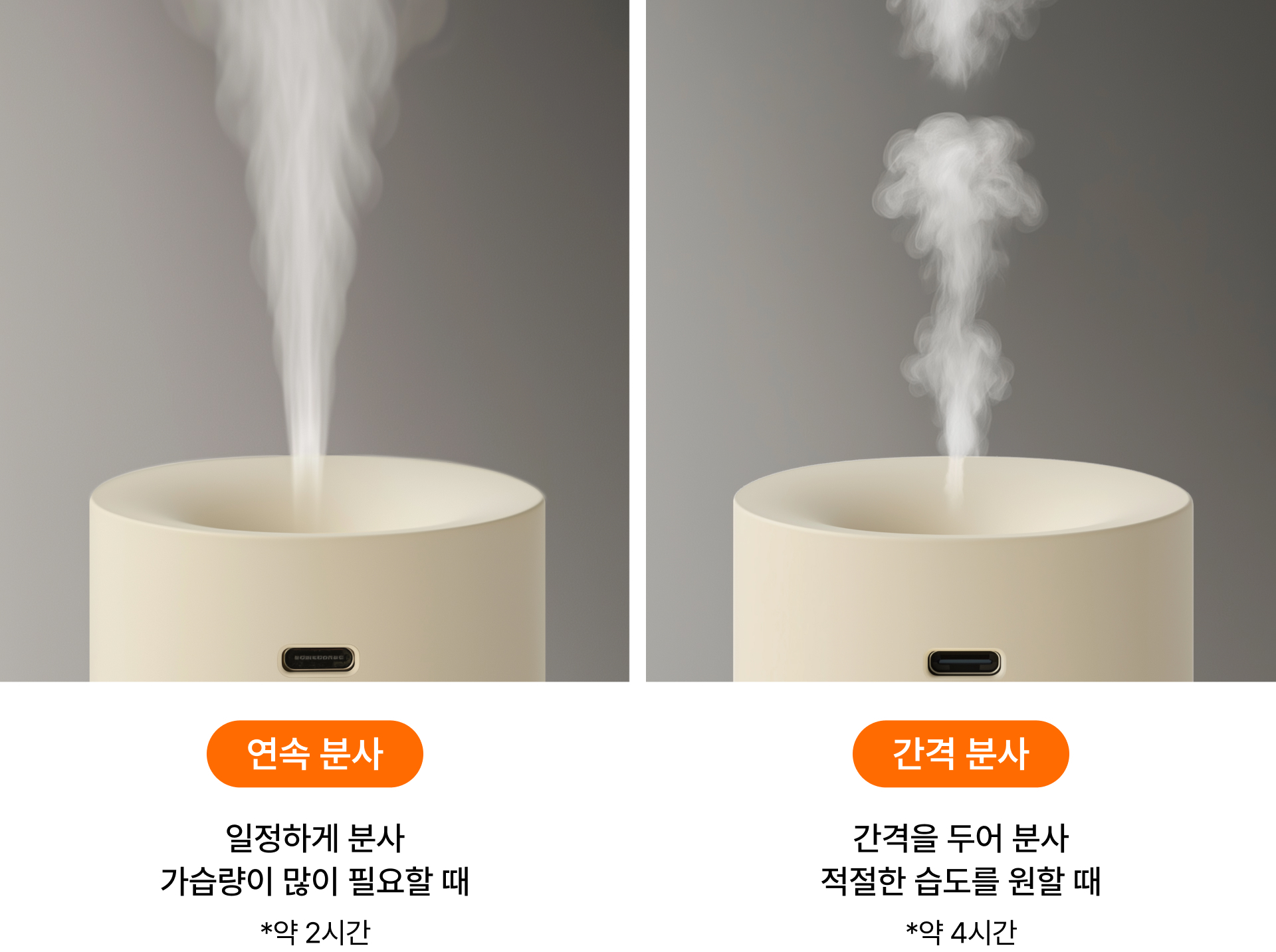 에어미니 휴대용 가습기 커스텀 제작 전원 버튼으로 연속 분사와 간격 분사 모드를 간편하게 전환하는 기능 설명