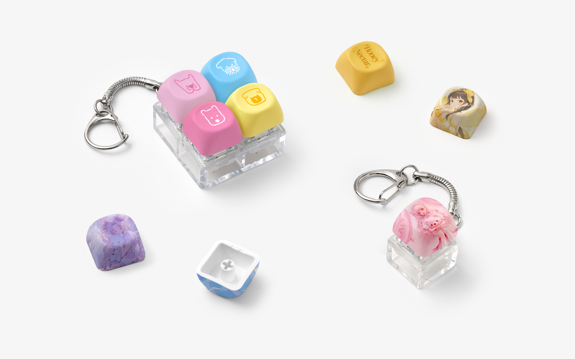 MOA 키캡 커스텀 제작, 부드러운 곡선 쉐입과 안정적인 타건감, 풀 전사 인쇄로 감각적인 키보드 연출