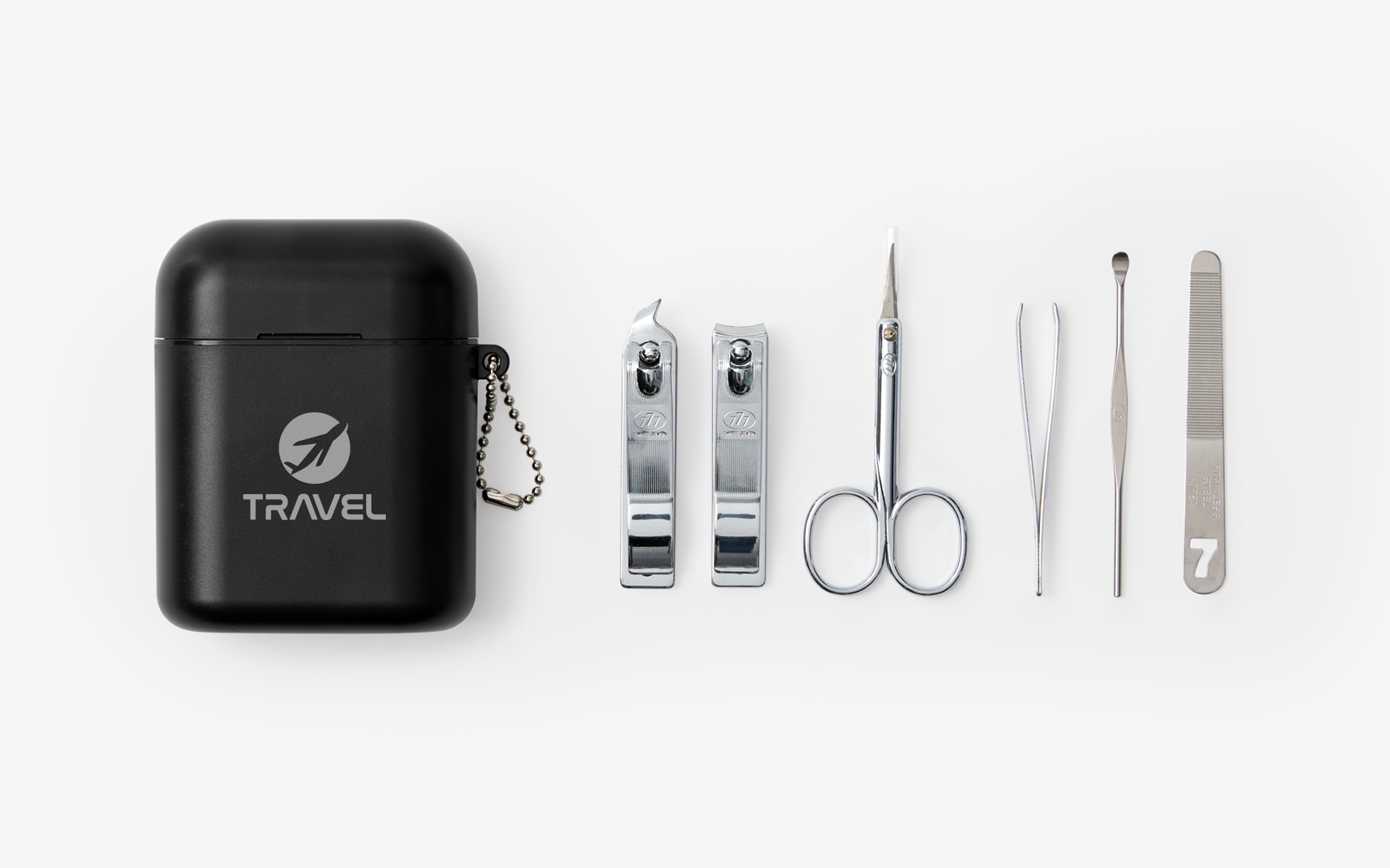 네일 관리 6종 세트 커스텀 제작, 케이스, 손톱깎이, 사선 손톱깎이, 미용가위, 귀이개, 족집게, 네일 파일 구성