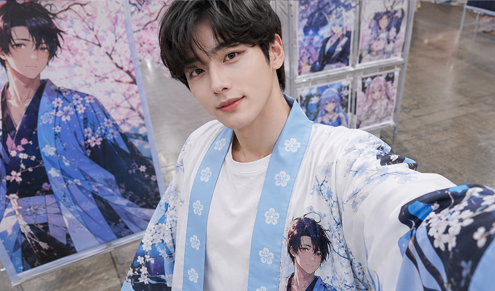 마플 커스텀 핫피 애니 캐릭터 일러스트를 풀 컬러 인쇄한 블루 핫피를 애니 팝업 행사에서 착용한 이미지