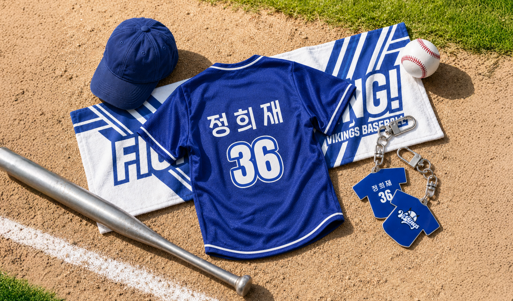 마플 유니폼 아크릴 키링 선수명·번호를 UV 인쇄한 야구 유니폼 형태 키링 2개를 야구 유니폼·타올과 함께 배치한 이미지