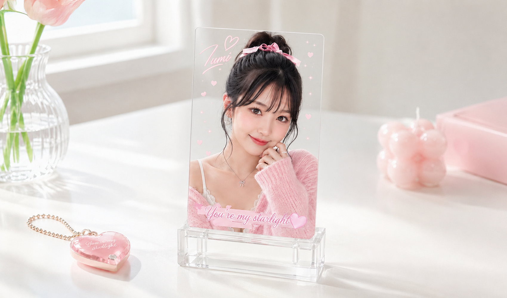 마플 투명 세로포토카드 – 아이돌 사진과 영문 문구를 풀컬러 인쇄해 제작한 투명 포카를 아크릴 스탠드에 세워 배치한 이미지