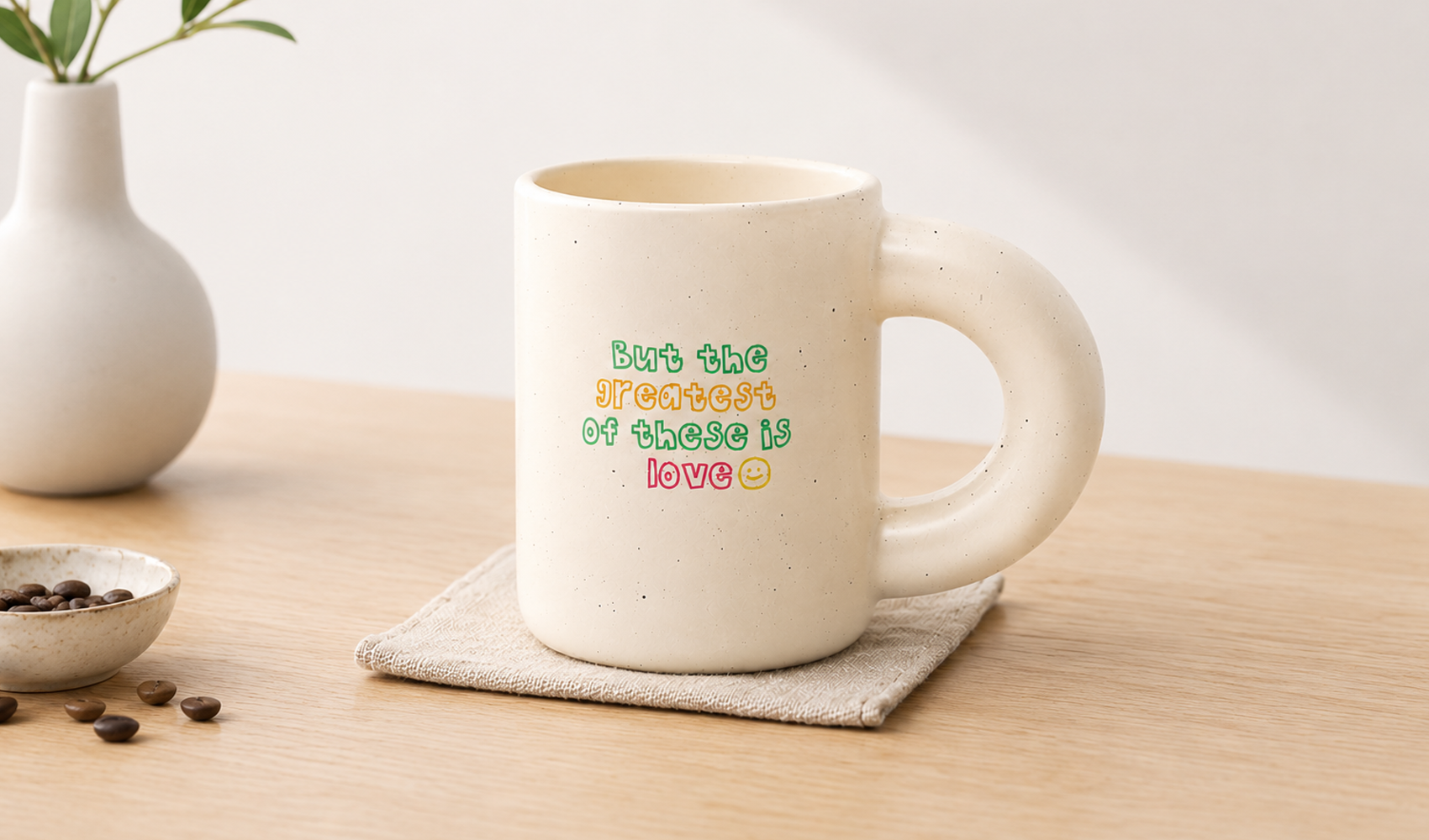 마플 아이보리 마블 머그컵 – 영문 문구를 수전사 인쇄해 제작한 머그컵을 테이블 위에 놓은 이미지