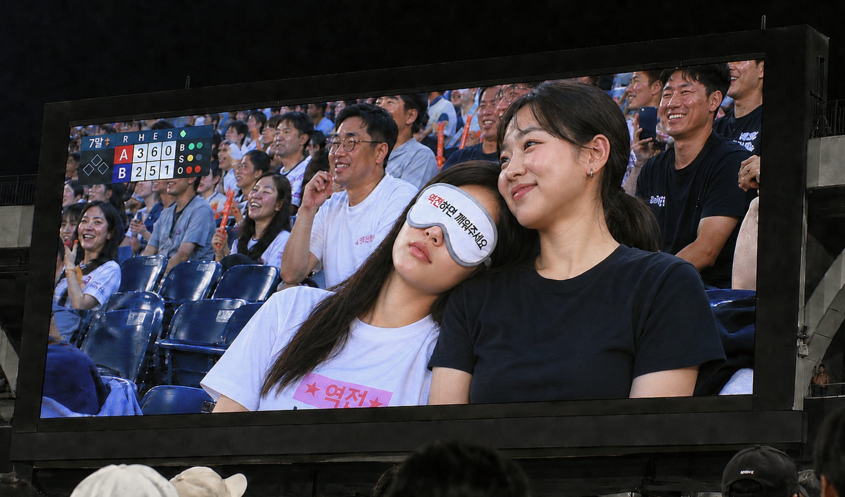 마플 커스텀 수면안대 – ‘역전하면 깨워주세요’ 문구를 인쇄한 수면안대를 착용하고 친구에게 기대어 야구 경기를 관람하는 모습이 전광판에 잡힌 이미지