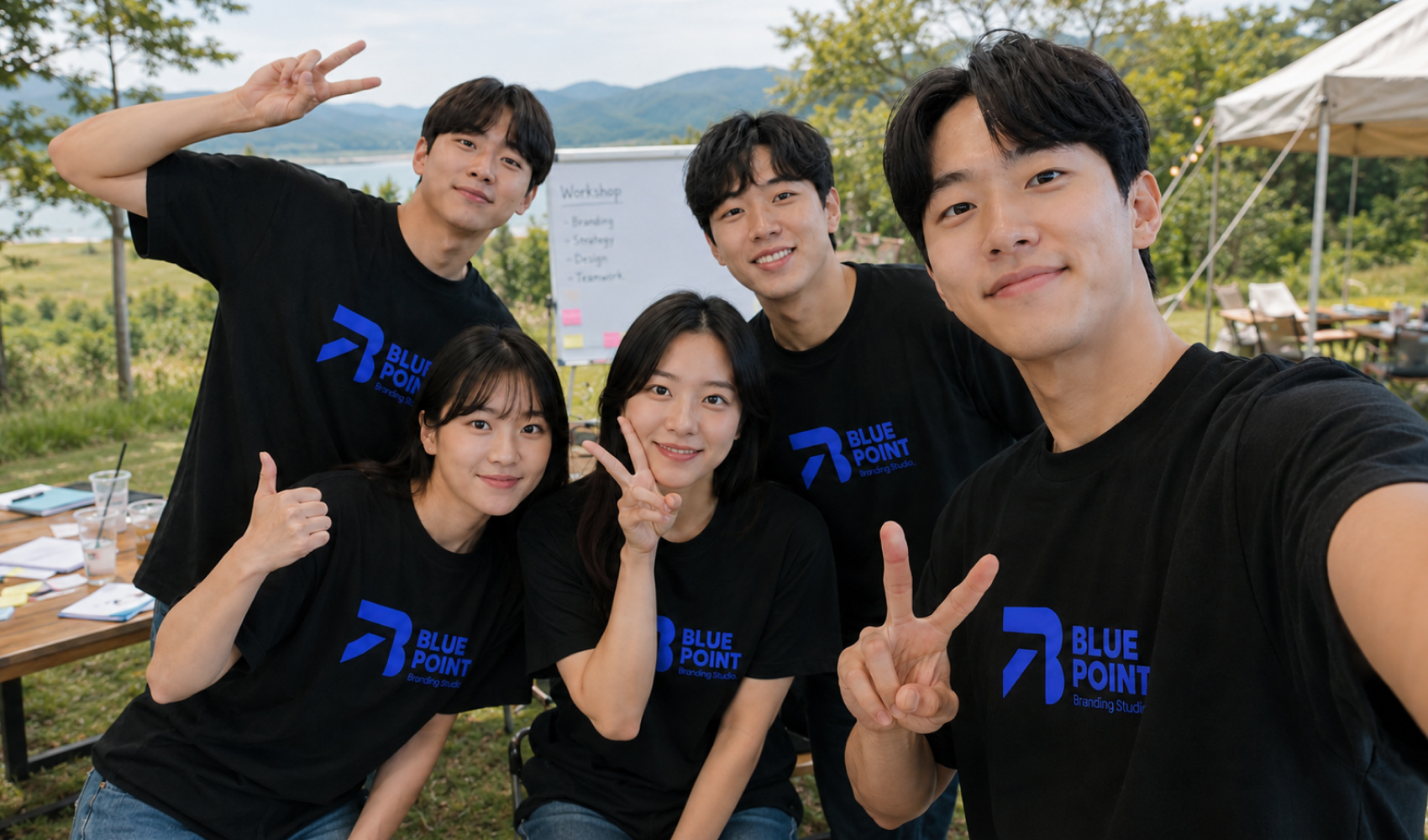 마플 길단 2000 오리지널 티셔츠 기업 로고를 인쇄한 블랙 단체 티셔츠를 워크숍에서 5인이 단체 착용한 이미지