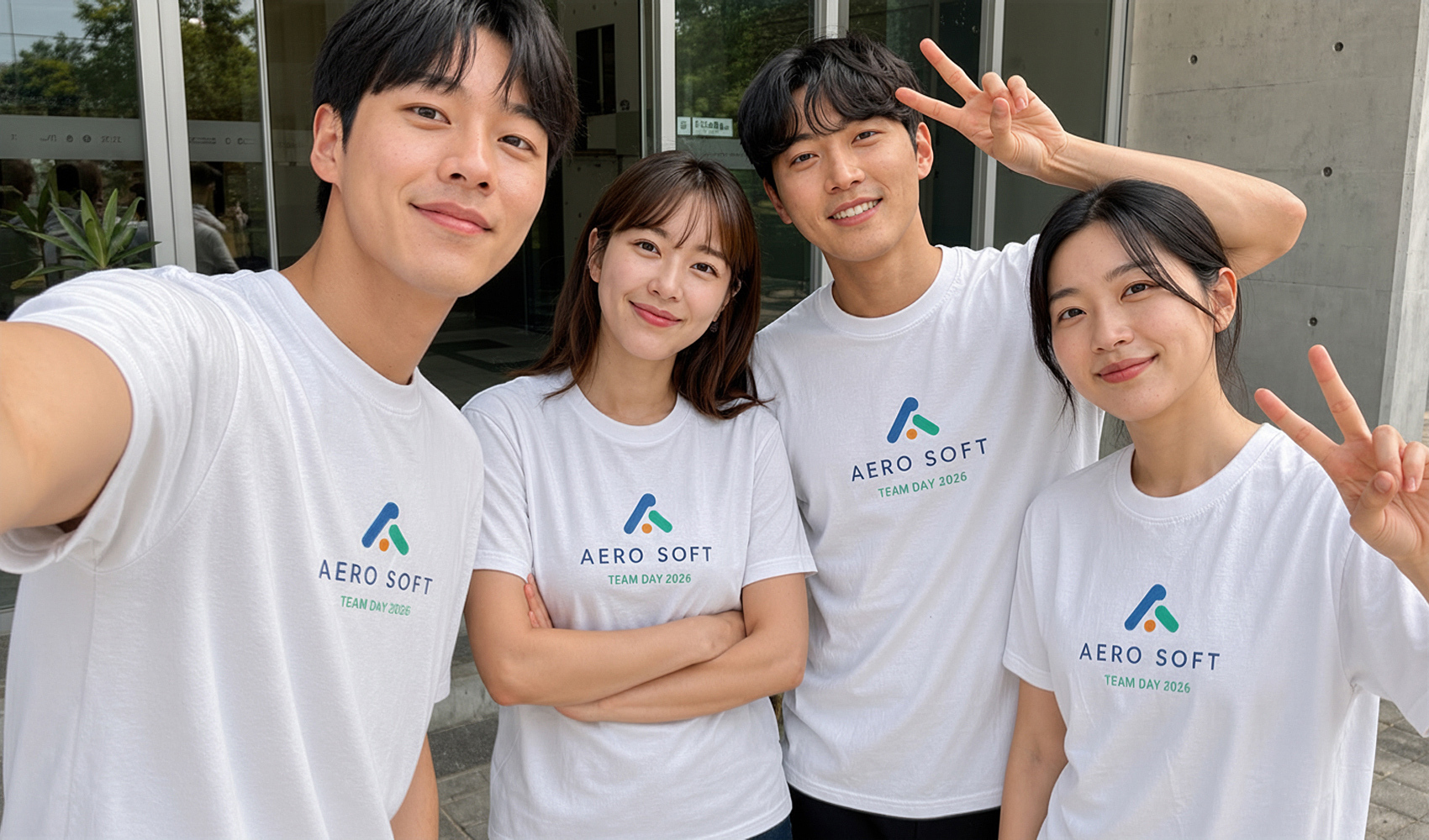 마플 30수 Value 라운드 티셔츠 기업 로고를 인쇄한 화이트 단체 티셔츠를 임직원 4인이 야외에서 착용한 이미지