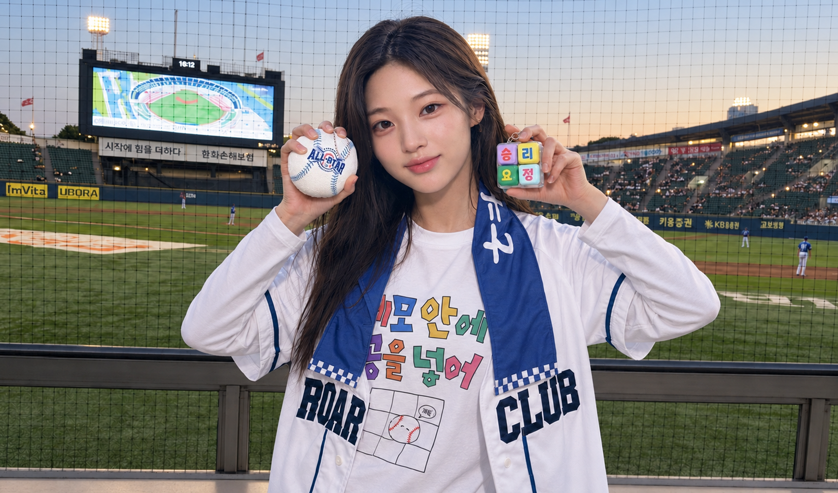 마플 야구 응원 굿즈 – 야구장에서 직관 티셔츠와 롱 슬로건을 착용하고 승리요정 키캡 키링과 야구공 쿠션 키링을 들고 있는 이미지