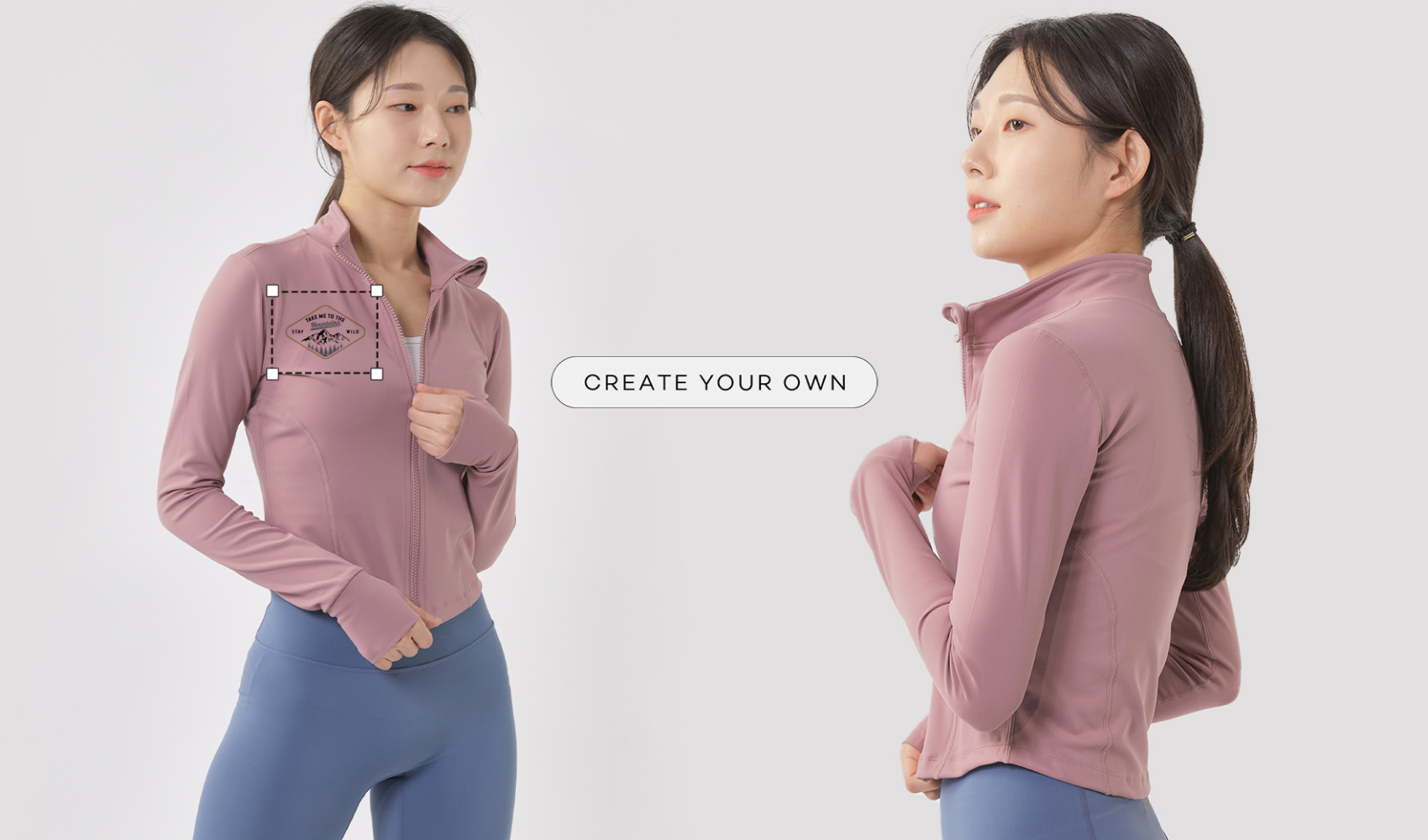 마플 레스피라 여성 스포츠 탑 – 마플 에디터에서 디자인 업로드 영역을 표시해 주문 방법을 보여주는 핑크 일반 기장 스포츠 탑 앞·뒷면 이미지
