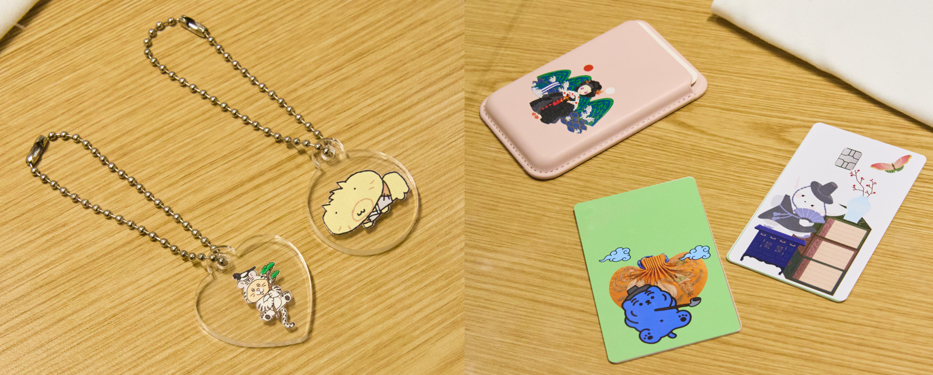 마플에서 제작한 전통 굿즈들. 햄뿡이와 구냥이 캐릭터 에셋으로 만든 커스텀 아크릴 키링과 아바타스타 슈로 디자인한 맥세이프 카드지갑, 무직타이거와 전통 유물 에셋으로 만든 카드스티커까지!