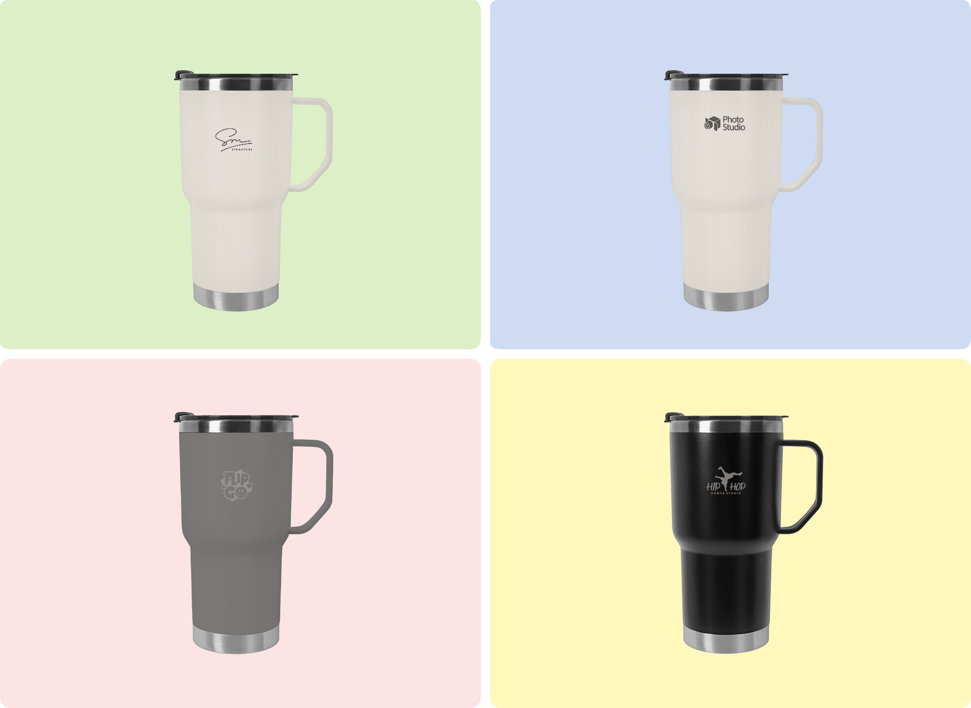 브랜드 로고를 새긴 핸드형 스테인리스 텀블러 커스텀 제작 예시, 웰컴키트·박람회·행사용 판촉 기념품으로 활용하기 좋은 디자인