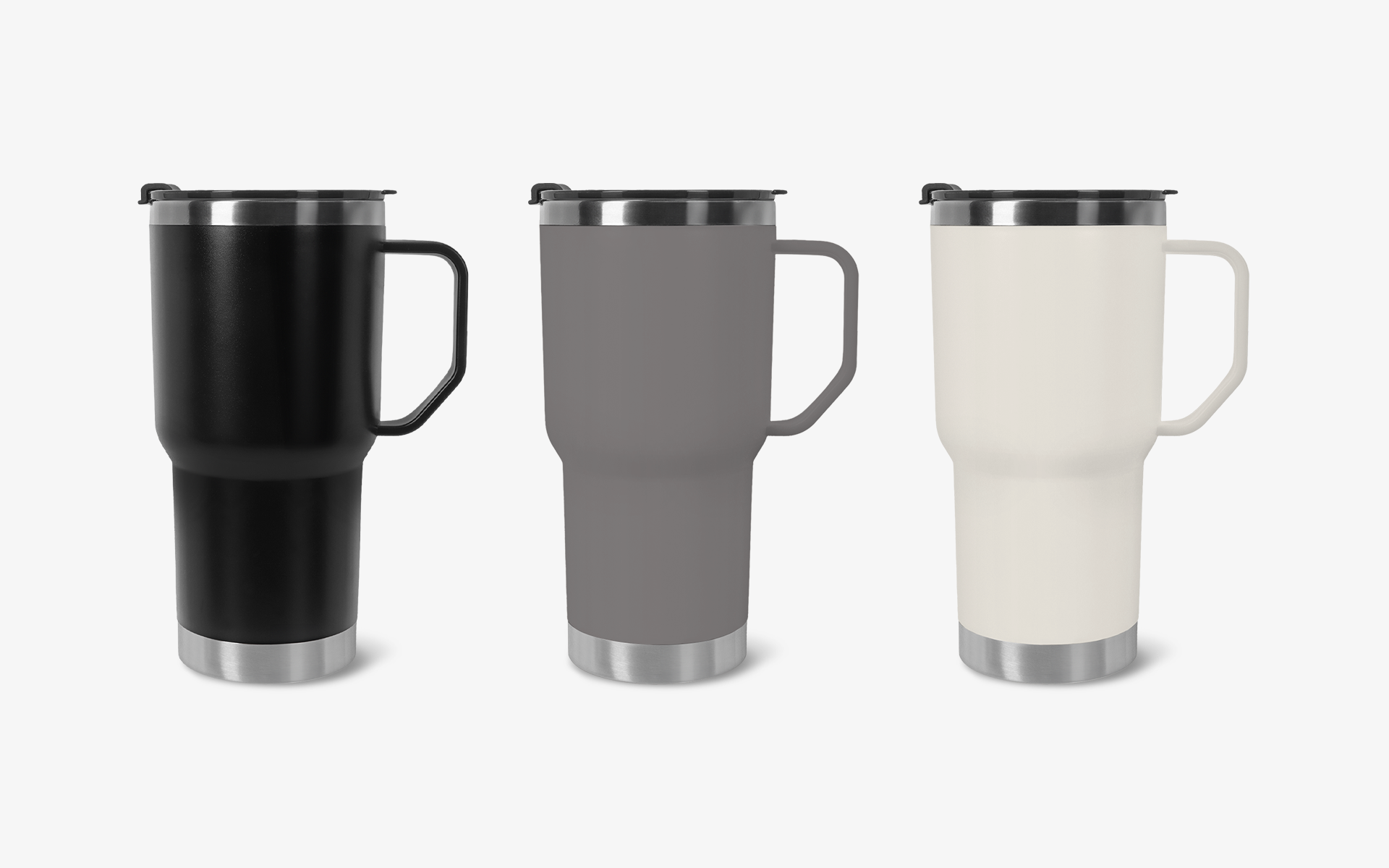 블랙·그레이·아이보리 3컬러의 핸드형 스테인리스 텀블러, 로고 인쇄 가능한 커스텀 텀블러 제작