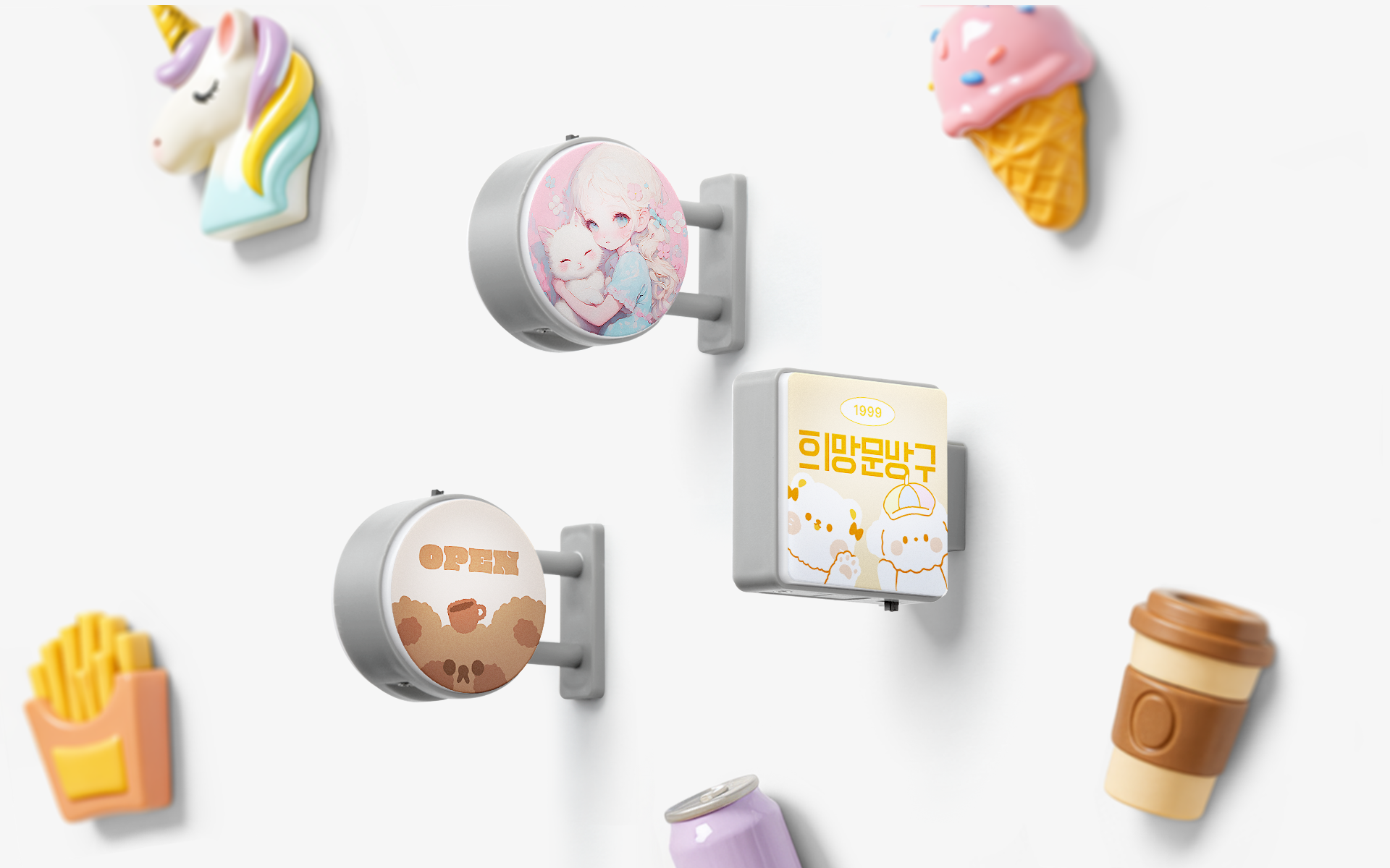 LED 라이트가 반짝이는 미니어처 사각형 간판 마그넷으로 냉장고, 책상, 선반에 붙일 수 있는 인테리어 소품 커스텀 제작