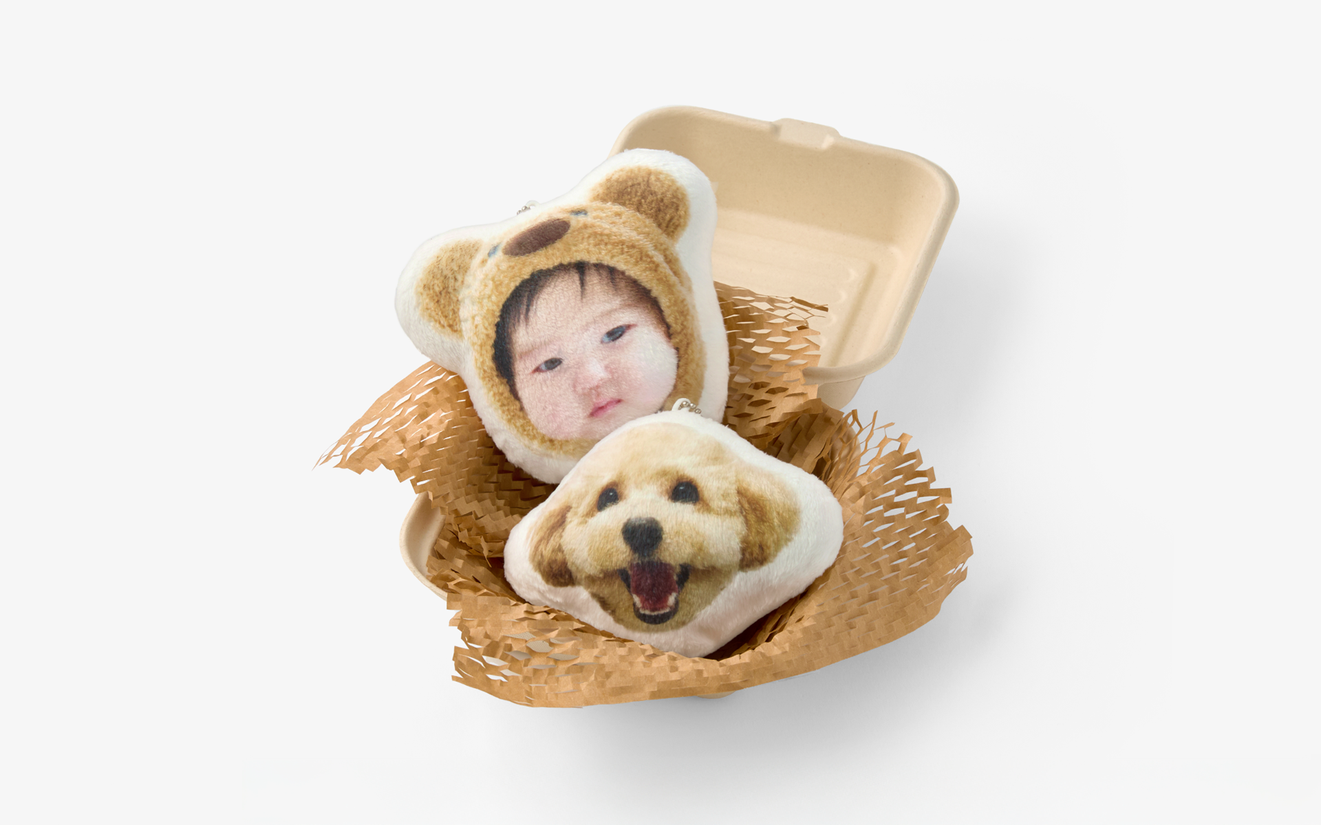 자유형 봉제 인형 키링 커스텀 제작, 사진 그대로 담아 아기와 반려견을 표현한 특별한 선물용 굿즈