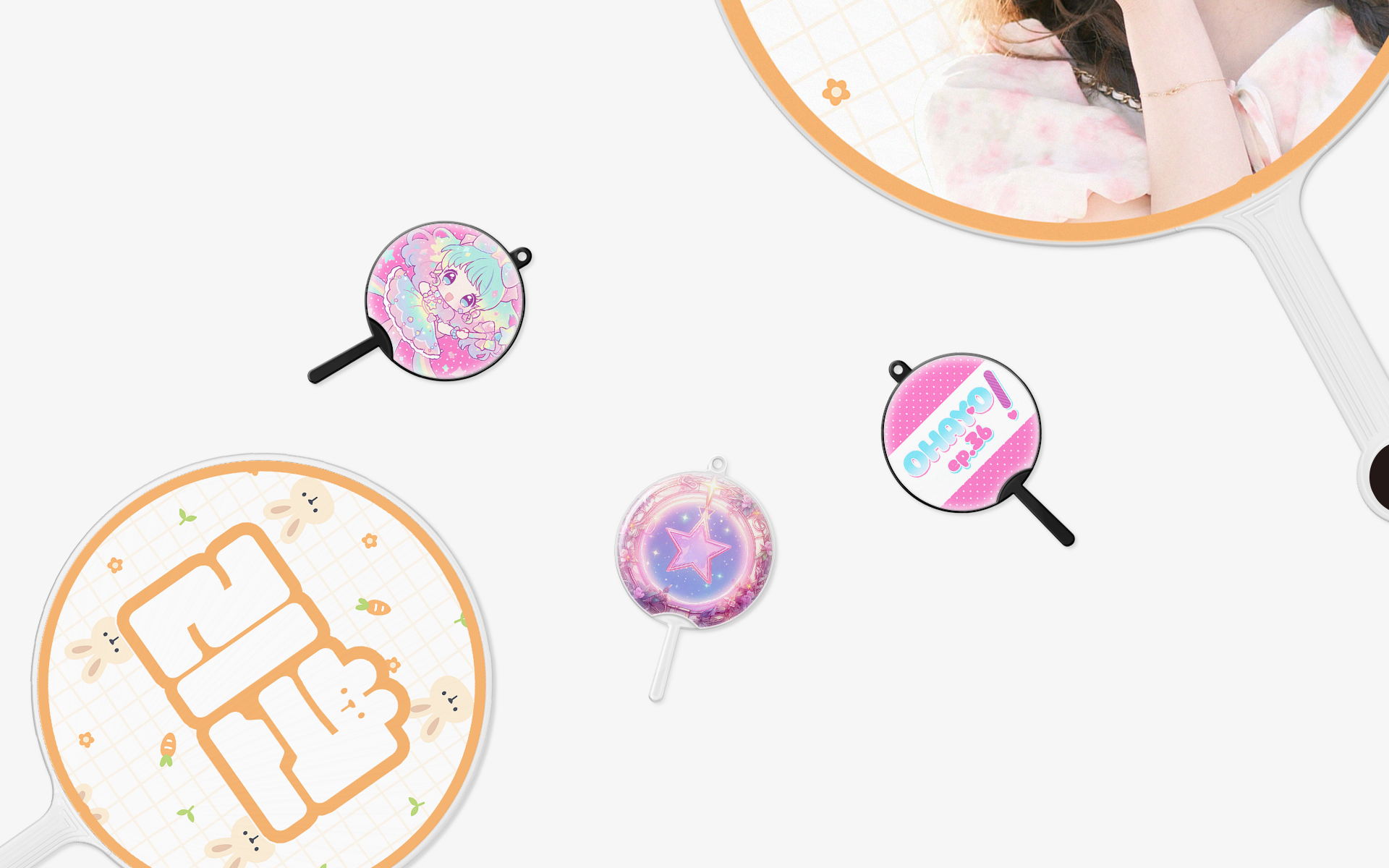 커스텀 제작 이미지 피켓 키링, 앞뒷면을 다르게 디자인해 나만의 응원 메시지를 담고 다양한 이벤트와 응원 현장에서 활용할 수 있는 귀여운 사이즈 굿즈