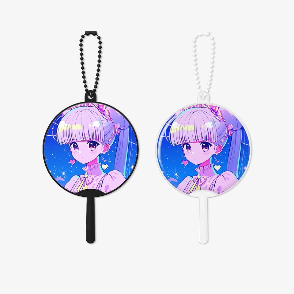 커스텀 제작 이미지 피켓 키링, 블랙과 반투명 컬러 중 선택 가능하며 유광 스티커 타입과 에폭시 코팅으로 취향에 맞게 완성할 수 있는 응원 굿즈