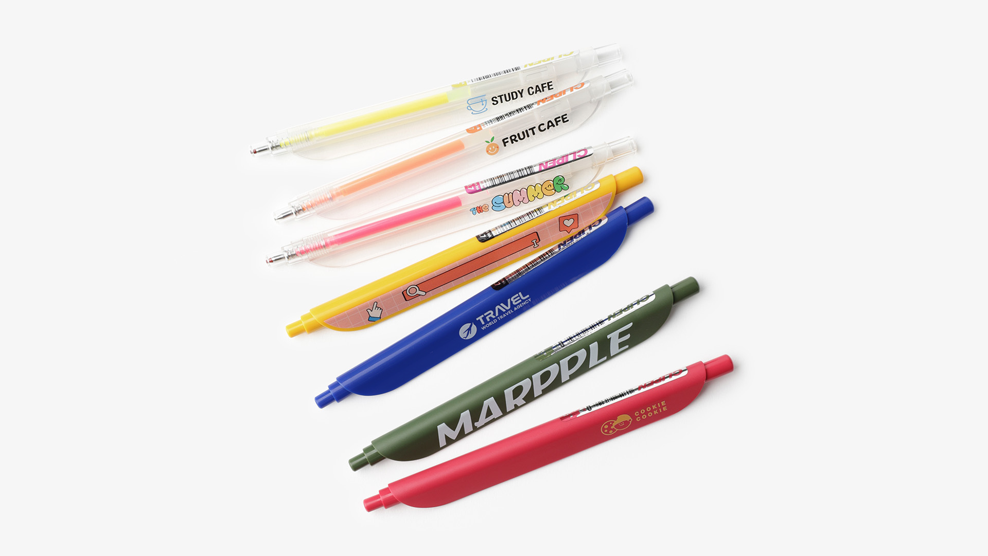 마플 클립펜 커스텀 제작, 잉크와 몸체의 전 색상을 보여주는 예시