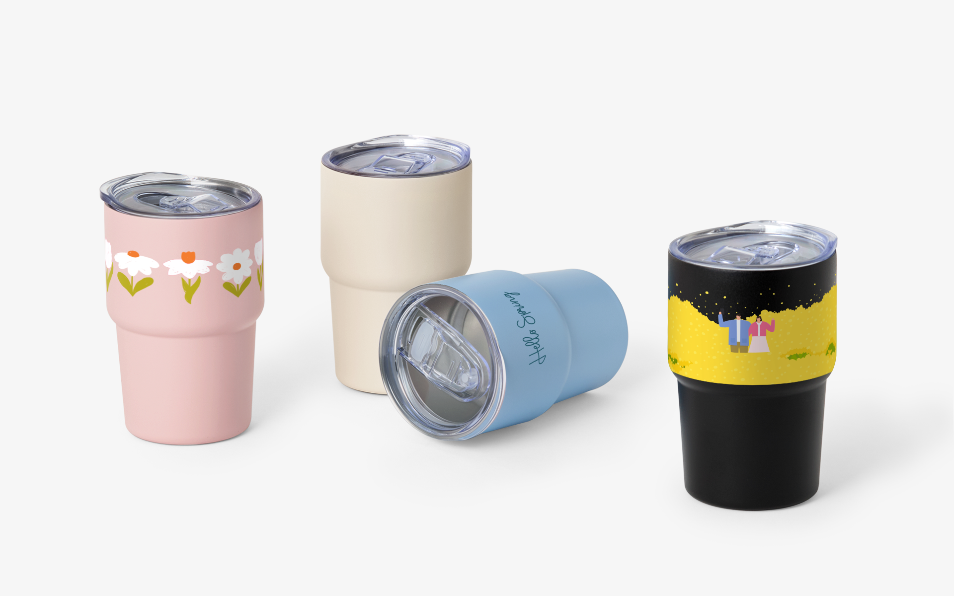 4가지 컬러로 제작된 슬라이드형 스테인리스 텀블러로, 풀컬러 인쇄가 가능한 커스텀 데일리 아이템이에요.