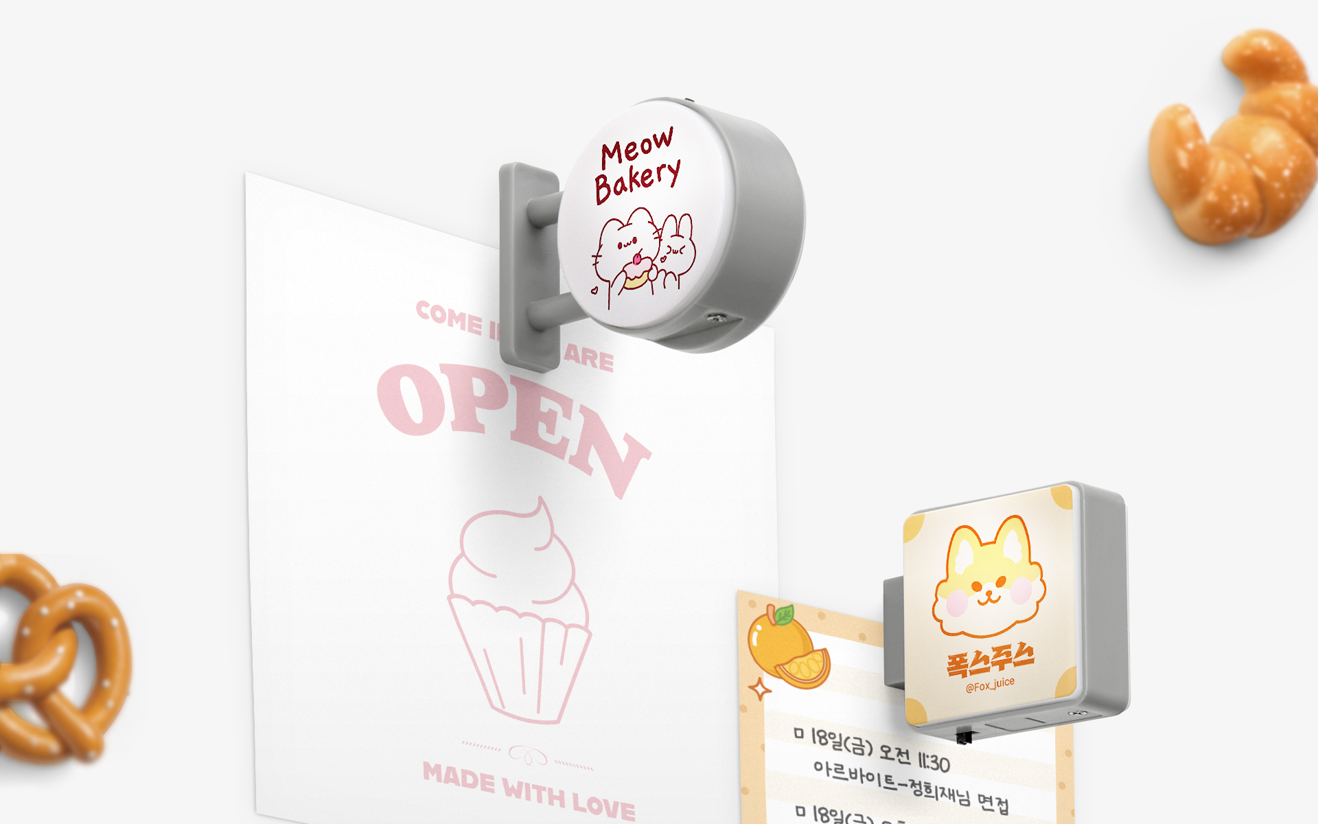 LED 라이트가 들어간 원형 미니 간판 마그넷, 메모나 사진을 간편하게 붙일 수 있는 커스텀 자석 인테리어 소품 커스텀 제작