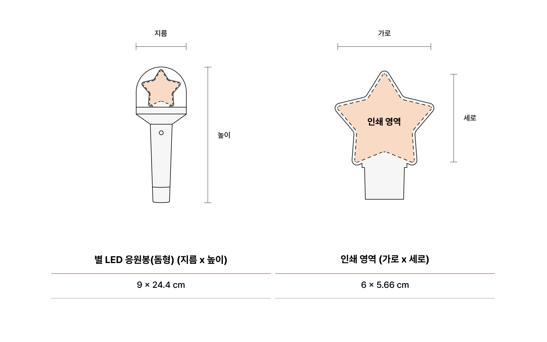 별 LED 응원봉 돔형 커스텀 제작 제품 사이즈 및 인쇄 가능 영역