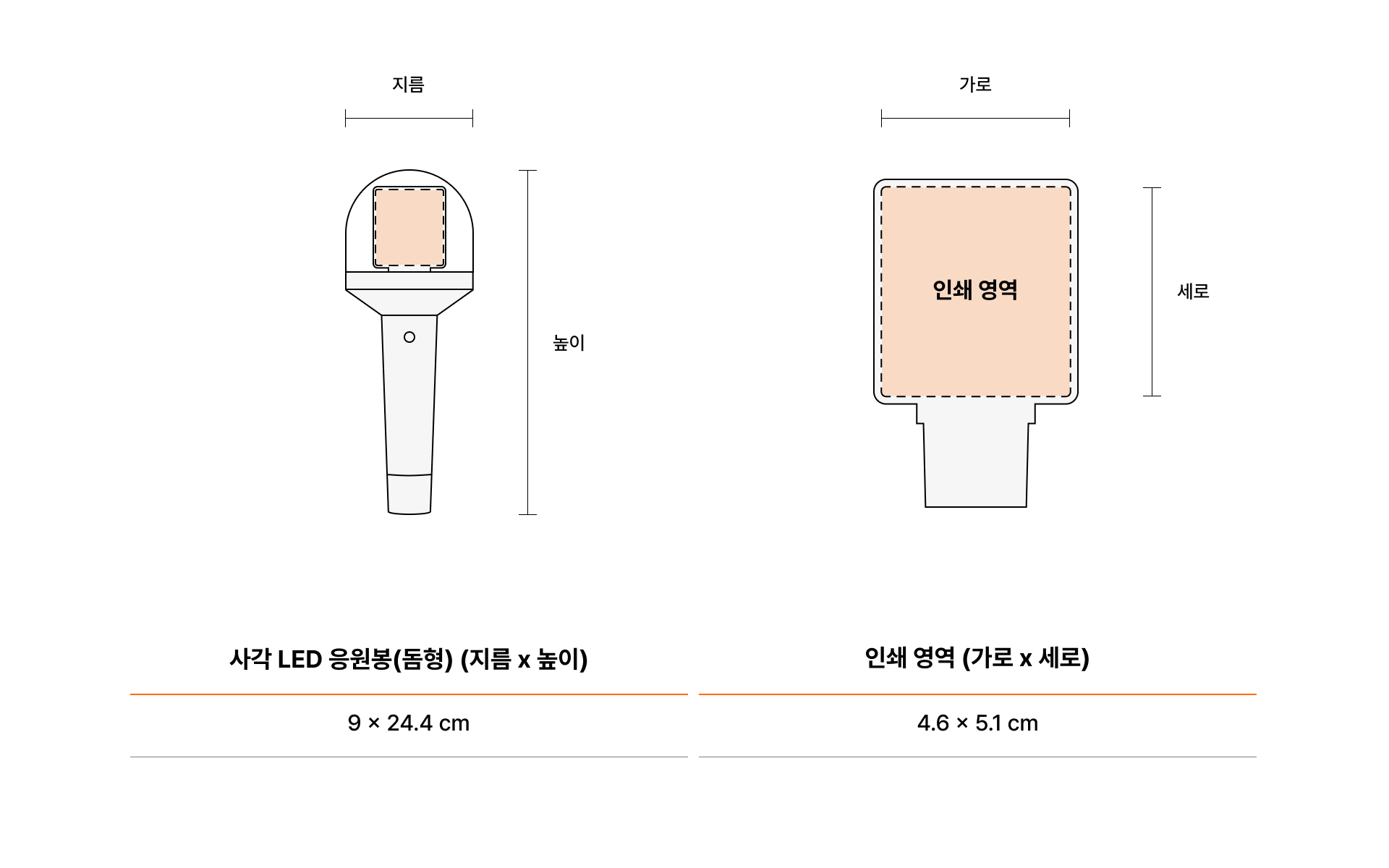 사각형 LED 응원봉 돔형 커스텀 제작 제품 사이즈 인쇄 가능 영역