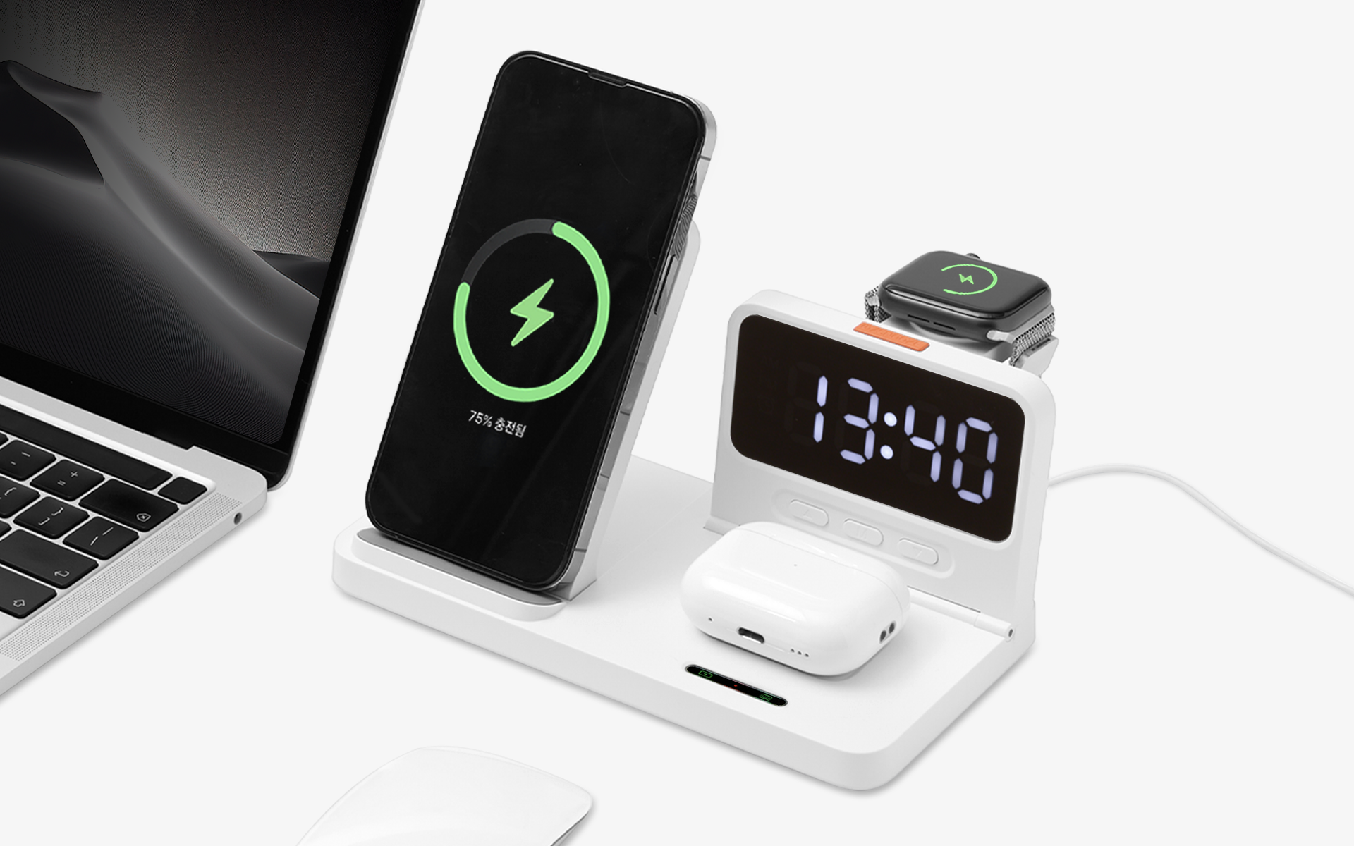 아이클락 올인원 15W 고속 무선 충전기 커스텀 제작, 스마트폰·워치·무선 이어폰 동시 충전 가능한 LED 시계형 올인원 충전기
