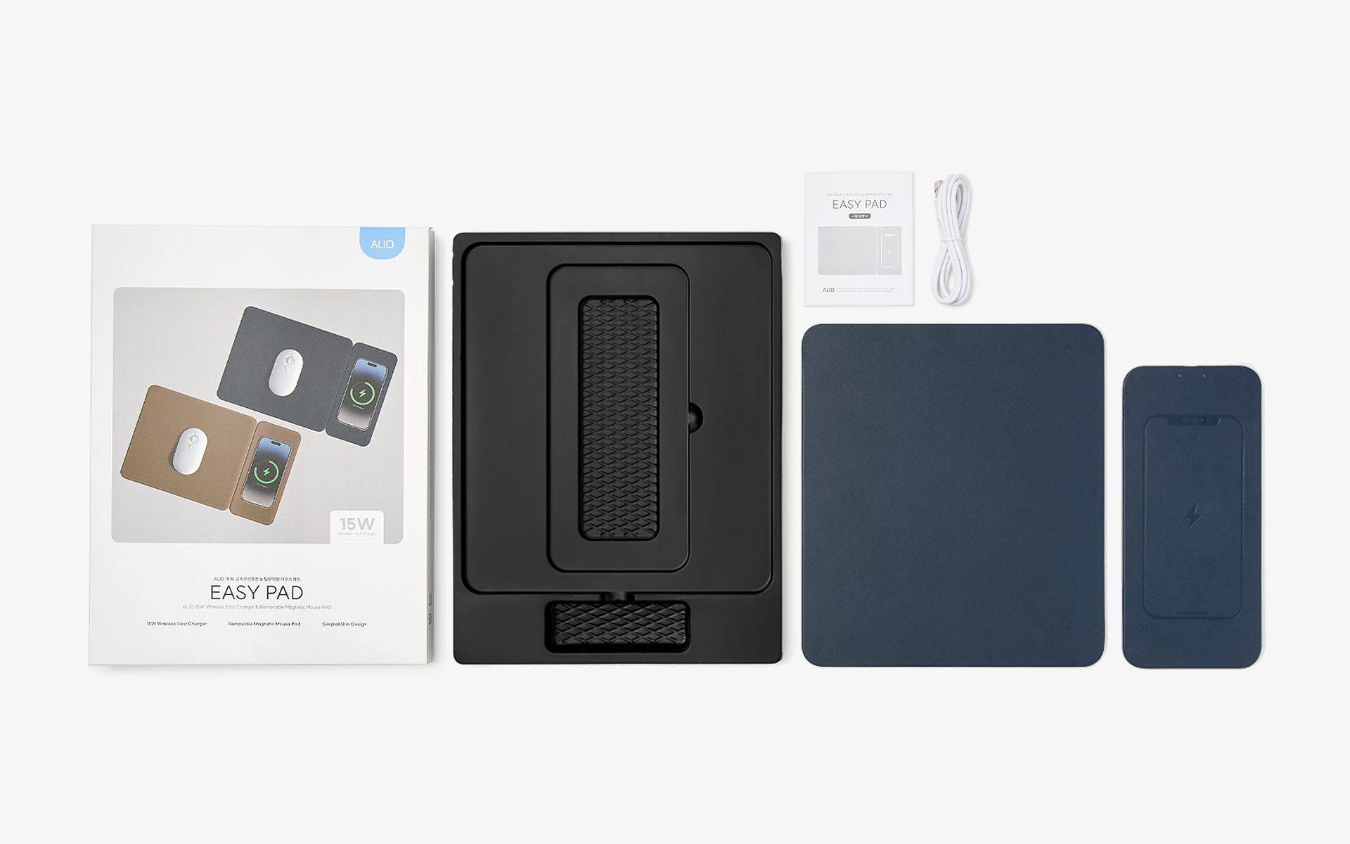 분리형 15W 고속 무선 충전 마우스 패드-가죽 소재로 제작되어 부드럽고 편안한 사용감을 제공하며, 최대 15W 고속 무선 충전을 지원하는 패드가 마그네틱으로 부착 가능한 마우스 패드입니다. 부드러운 가죽 소재의 마우스 패드에 15W 고속 무선 충전 기능을 결합한 실용적인 데스크 아이템, LED 인디케이터로 충전 상태를 한눈에 확인할 수 있고 마그네틱 탈부착 구조로 충전 패드를 자유롭게 분리·결합할 수 있어 다양한 환경에 맞게 활용 가능합니다. 업무 환경을 세련되게 완성하는 데스크 필수품. 커스텀 제작 상품, 마플