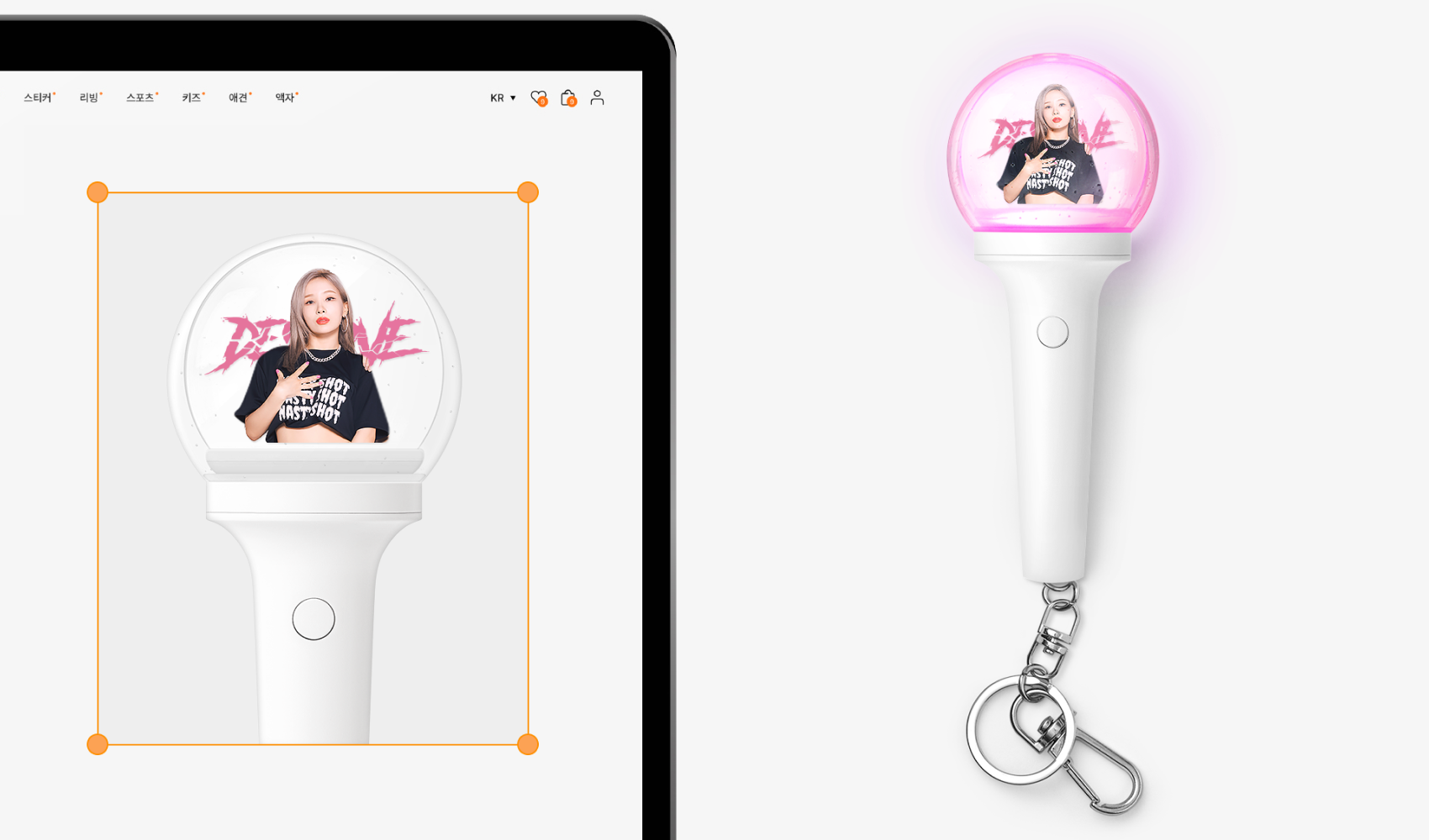 마플 LED 응원봉 키링, 마플 에디터로 아이돌 사진·응원 문구를 풀 컬러 인쇄 적용한 콘서트 팬굿즈 제작 예시