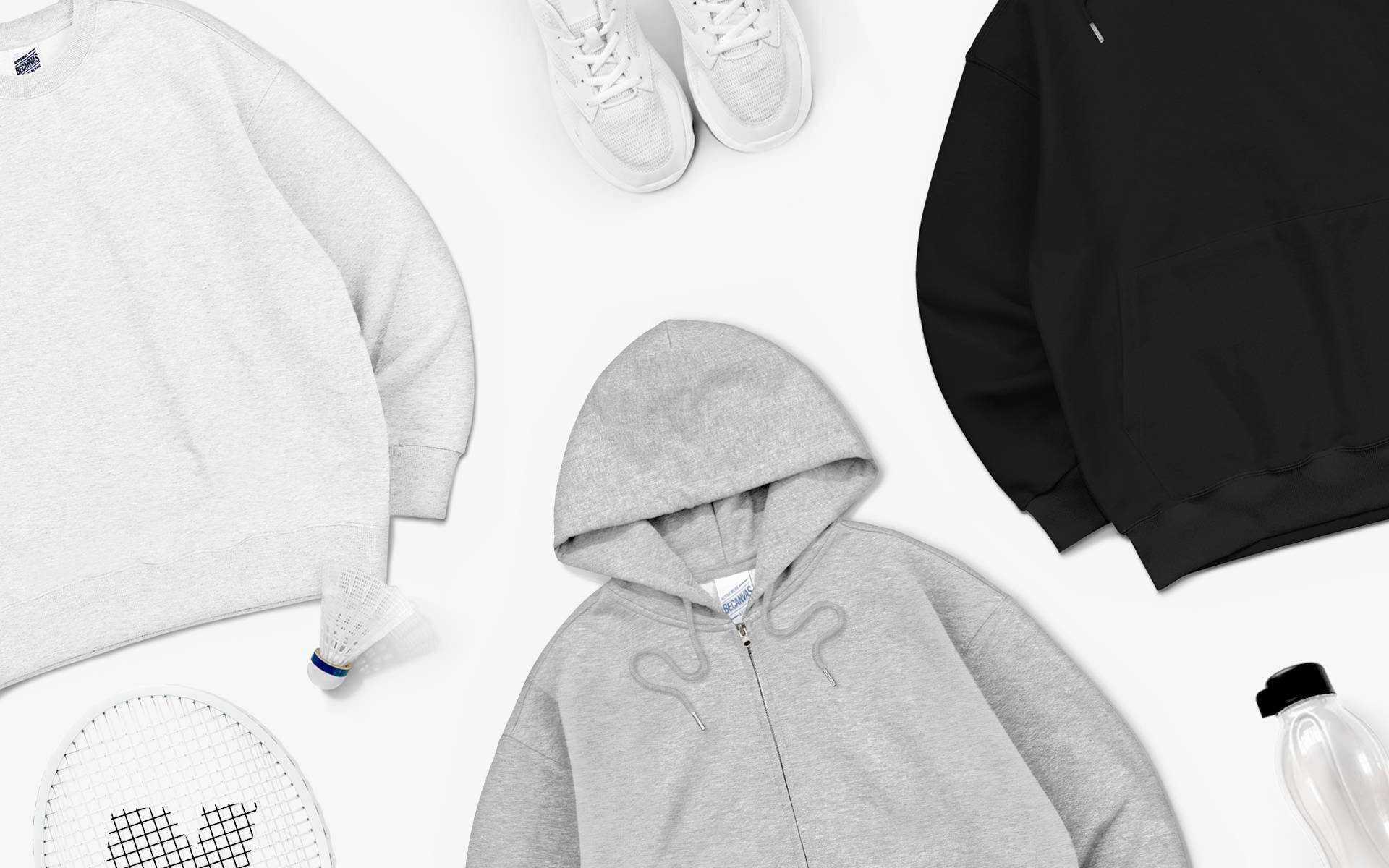 비캔버스 오버핏 맨투맨과 후드집업 커스텀 제작, 심플한 디자인의 블랙 후드와 그레이 집업 후드. 단체복, 팀복, 이벤트 맞춤 제작에 적합한 고퀄리티 의류.