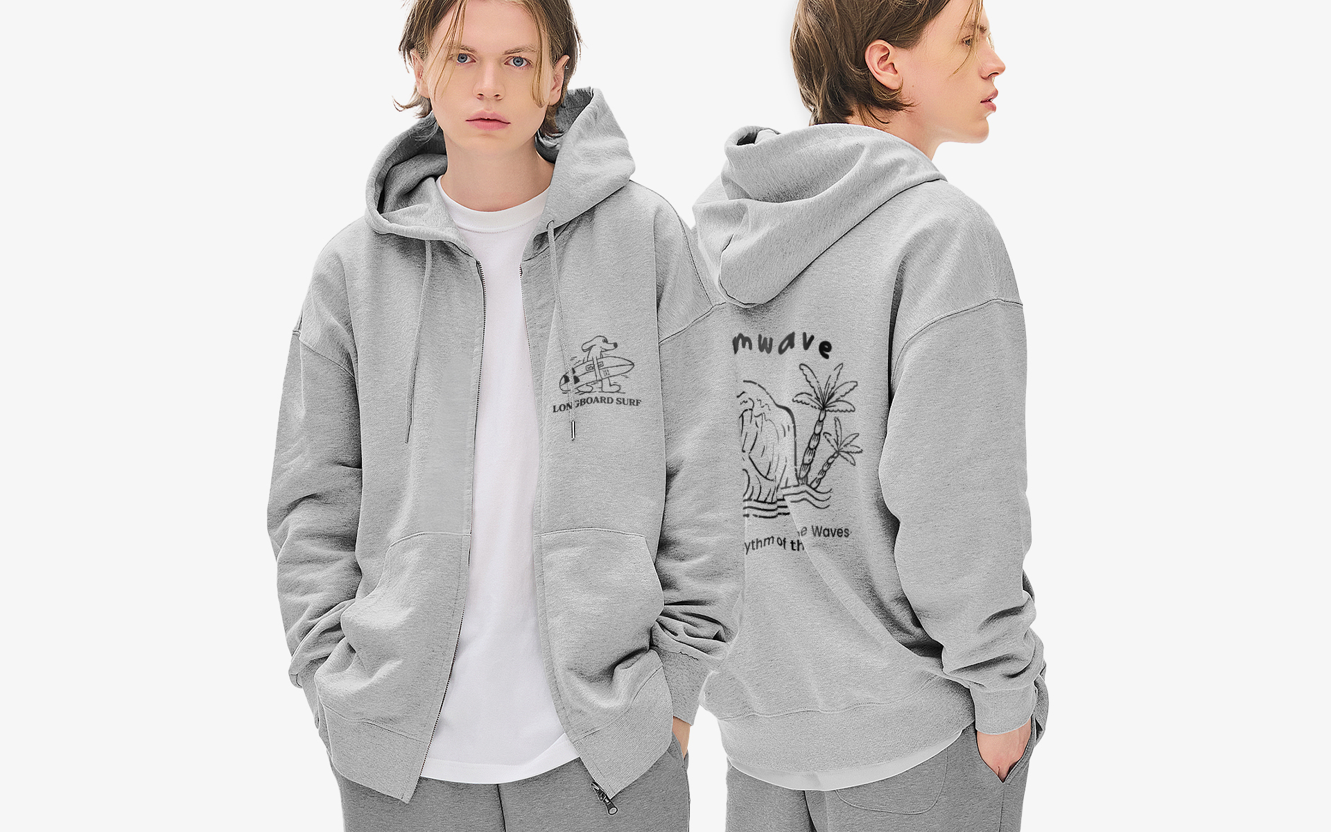 비캔버스 특양면 오버핏 2WAY 후드집업, 커스텀 제작 가능. 면과 폴리 혼방 원단, 500g/yd 중량감과 부드러운 착용감 제공. 2WAY 지퍼로 다양한 스타일 연출 가능한 오버핏 후드집업.