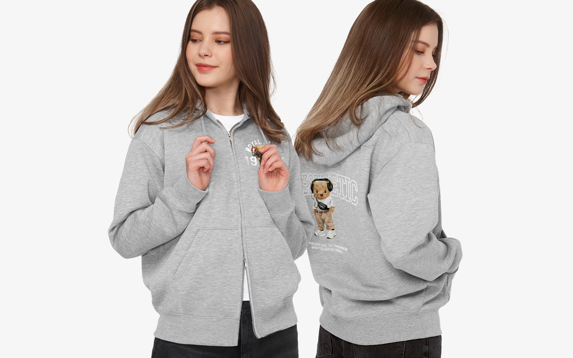 비캔버스 특양면 오버핏 2WAY 후드집업 커스텀 제작, 회색 지퍼 후드티에 원하는 이미지와 문구를 넣어 나만의 맞춤 후드집업 완성. 단체복, 기념일, 이벤트용 맞춤 제작 가능