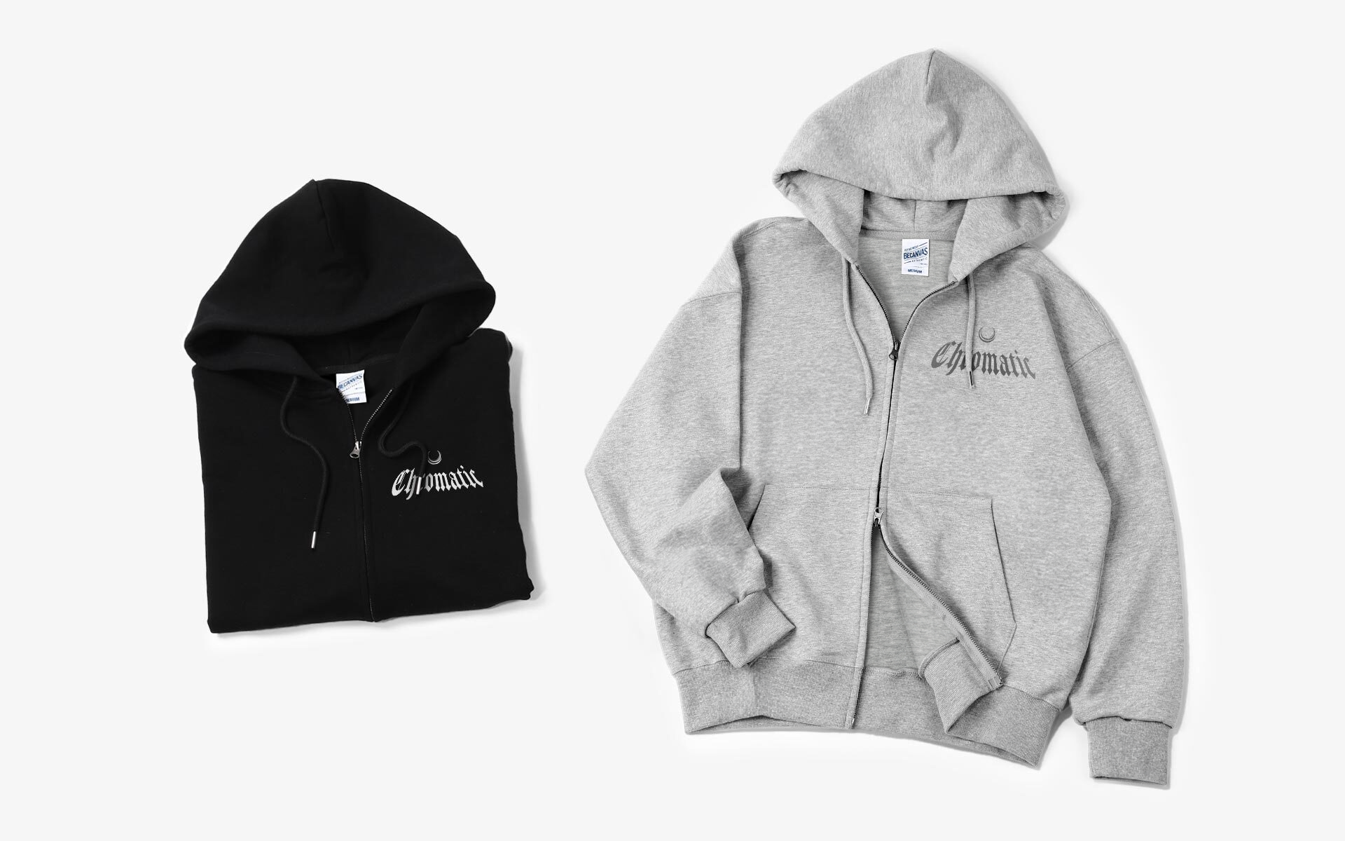 비캔버스 특양면 오버핏 2WAY 후드집업 커스텀 제작, 블랙과 그레이 컬러 지퍼 후드티, 로고 프린트 맞춤 디자인, 단체복·이벤트용 맞춤 후디