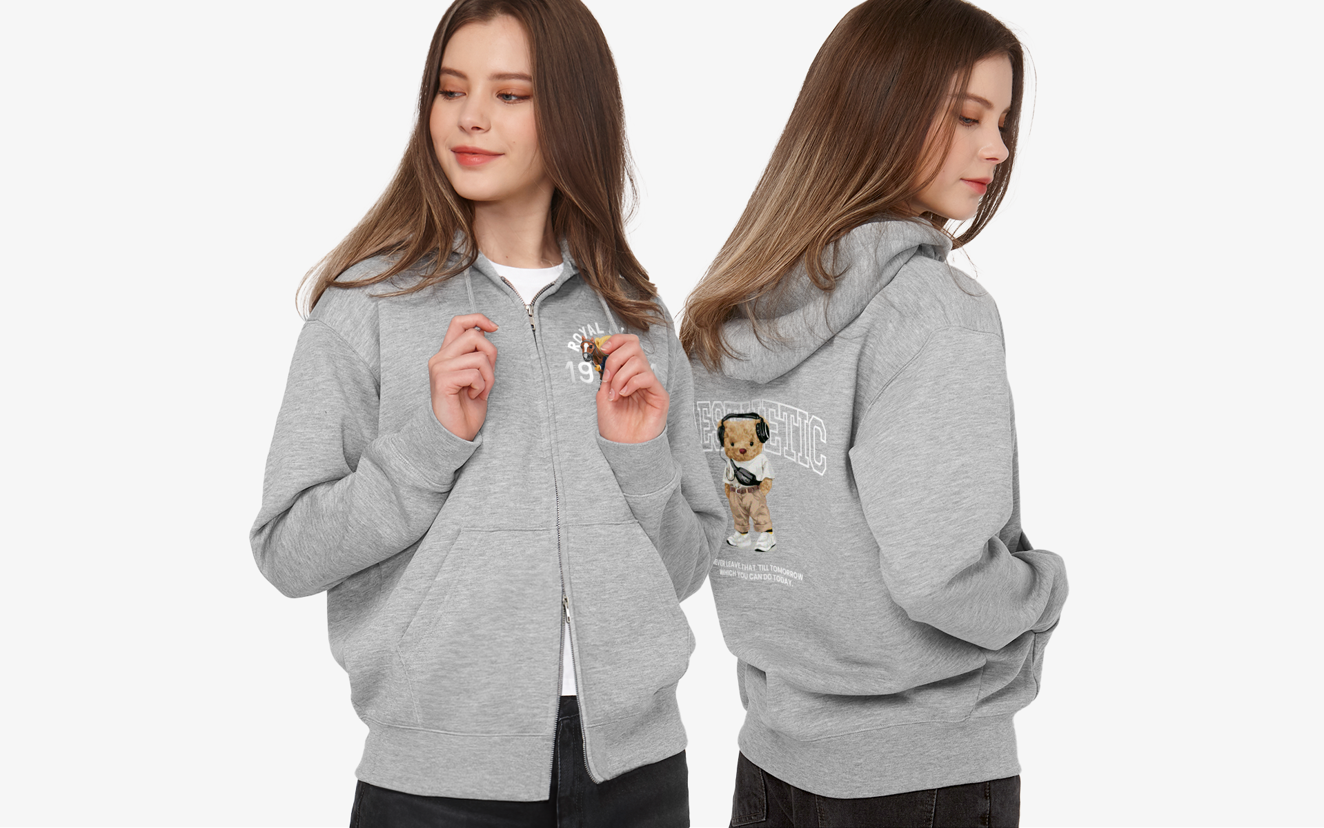 기모 쭈리 오버핏 2WAY 후드집업 제작, 회색 지퍼 후드티에 원하는 이미지와 문구를 넣어 나만의 맞춤 후드집업 완성. 단체복, 기념일, 이벤트용 맞춤 제작 가능