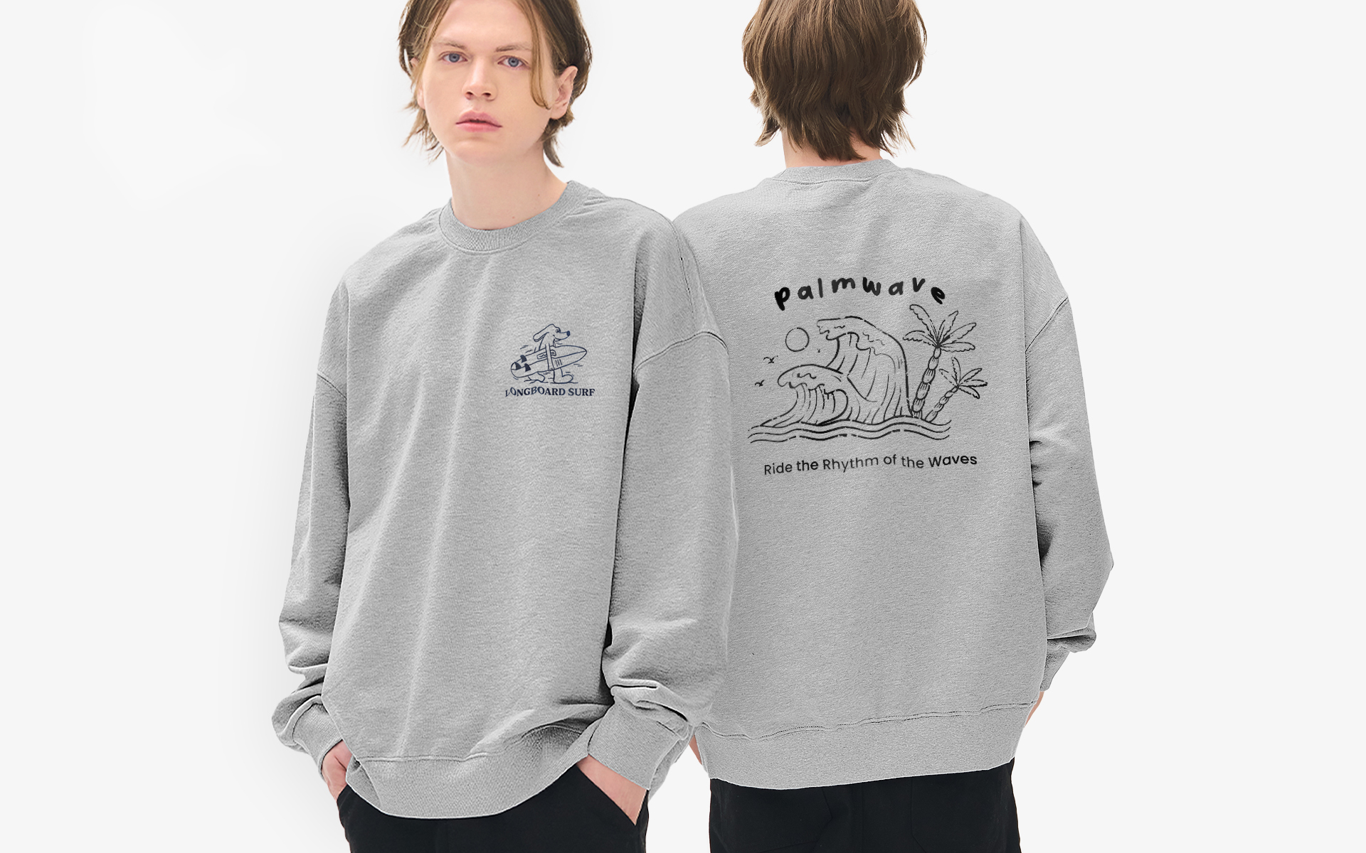 커스텀 기모 쭈리 오버핏 맨투맨, 면과 폴리 혼방 기모 쭈리 원단으로 부드럽고 따뜻한 착용감을 선사하며, 넥라인 헤리테이프와 탄탄한 시보리, 더블 스티치로 완성된 튼튼한 제작 디테일의 오버핏 맨투맨