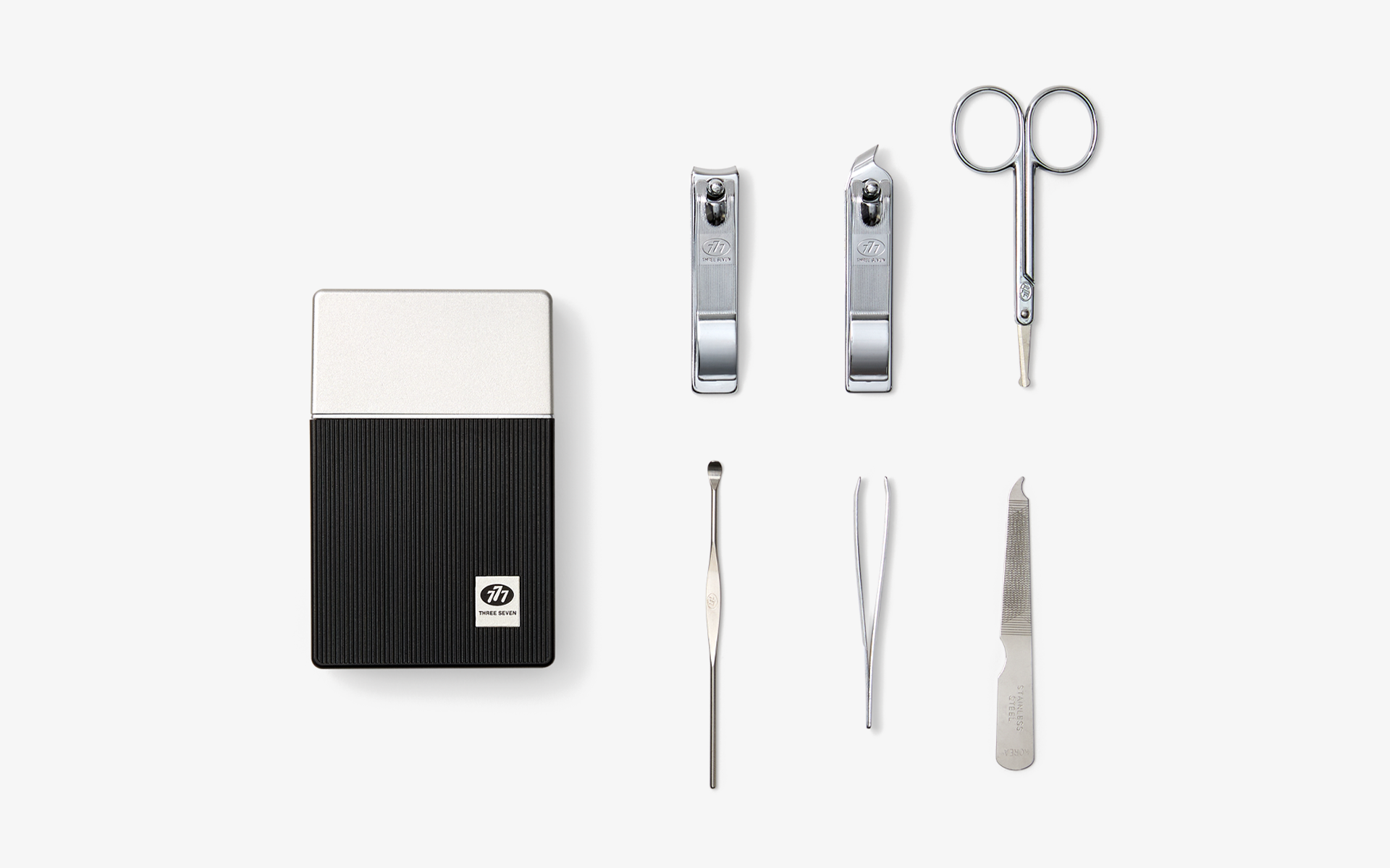 네일 관리 6종 세트 커스텀 제작, 케이스, 손톱깎이, 사선 손톱깎이, 미용가위, 귀이개, 족집게, 네일 파일 구성