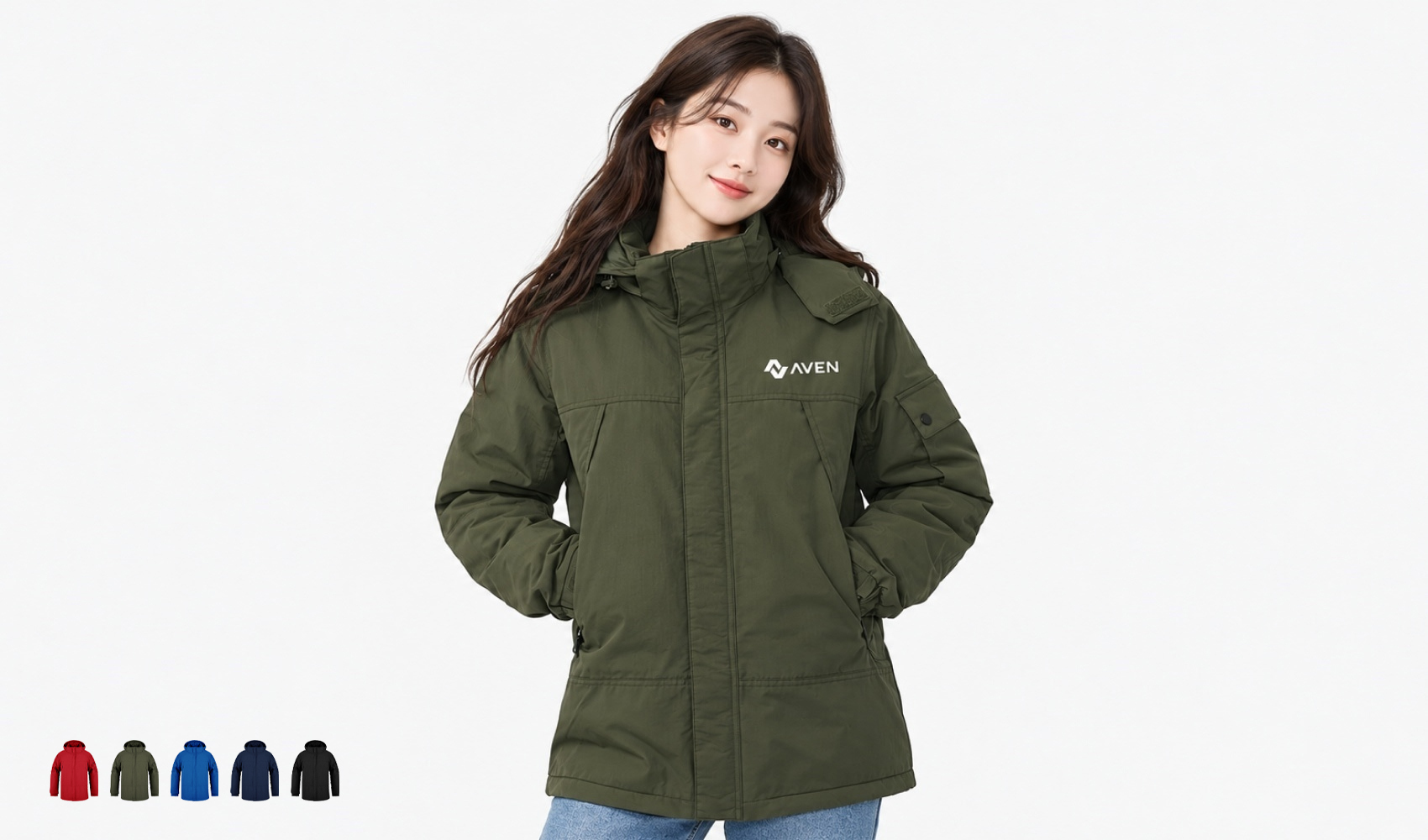 마플 랜더스 캐주얼 바람막이 자켓 - 왼쪽 가슴에 흰색 회사 로고가 인쇄된 카키색 자켓을 입은 여성 모델