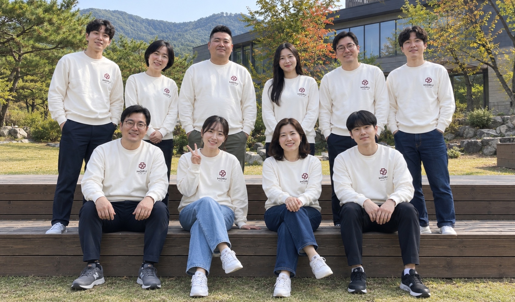마플 워크샵 단체복 제작 - 같은 로고가 인쇄된 아이보리색 단체 맨투맨을 입고 야외에서 기념사진을 찍는 참가자들
