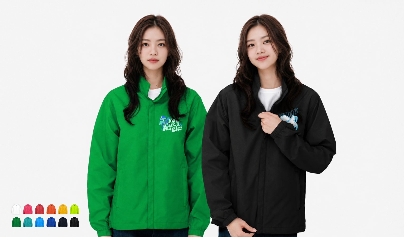 마플 초경량 바람막이 자켓 - 왼쪽 가슴에 그래픽이 인쇄된 초록색과 검정색 바람막이를 입은 여성 모델들