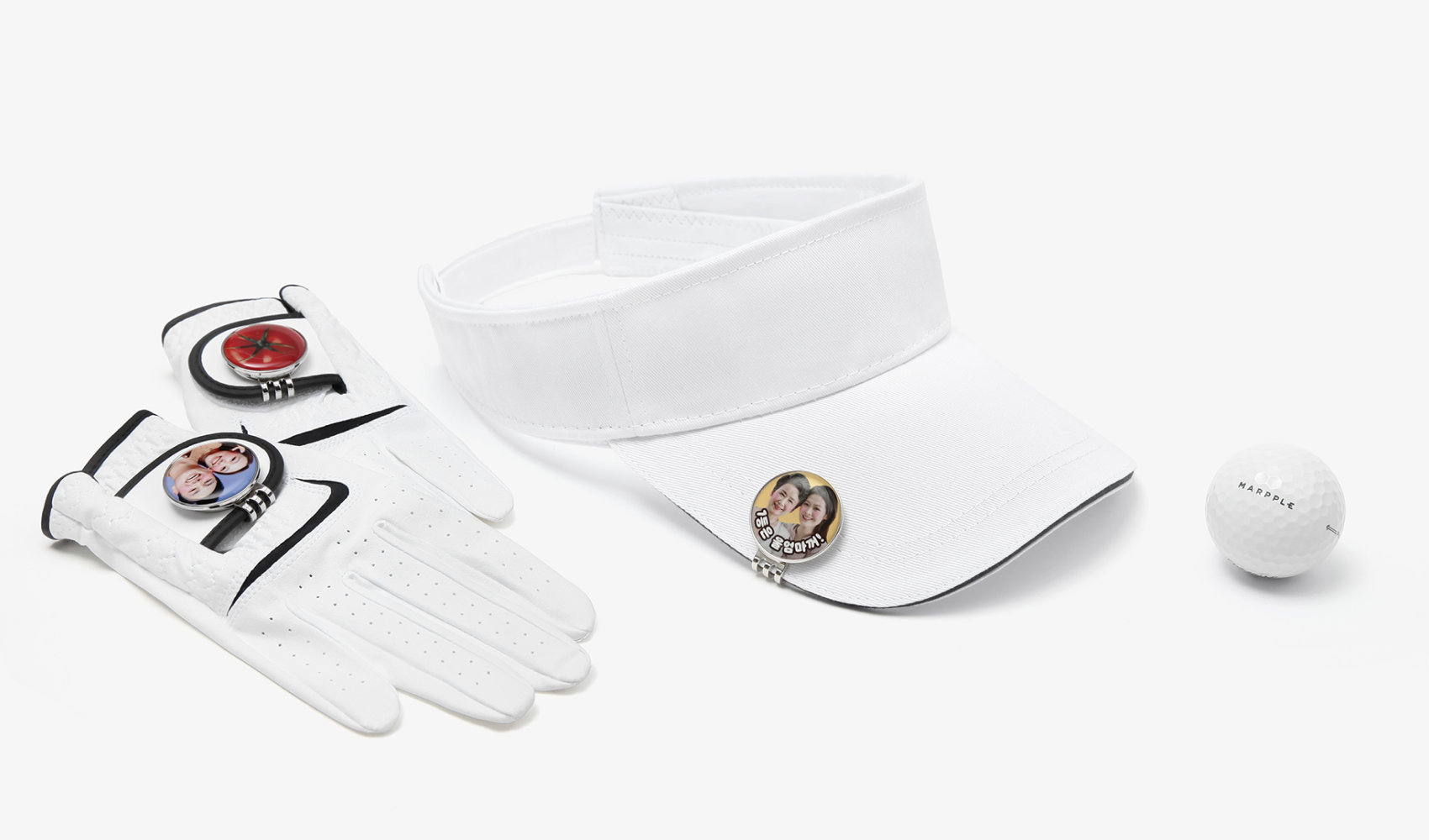 골프 모자 챙과 장갑에 부착한 커스텀 볼마커 - 사진·일러스트 인쇄 활용 예시