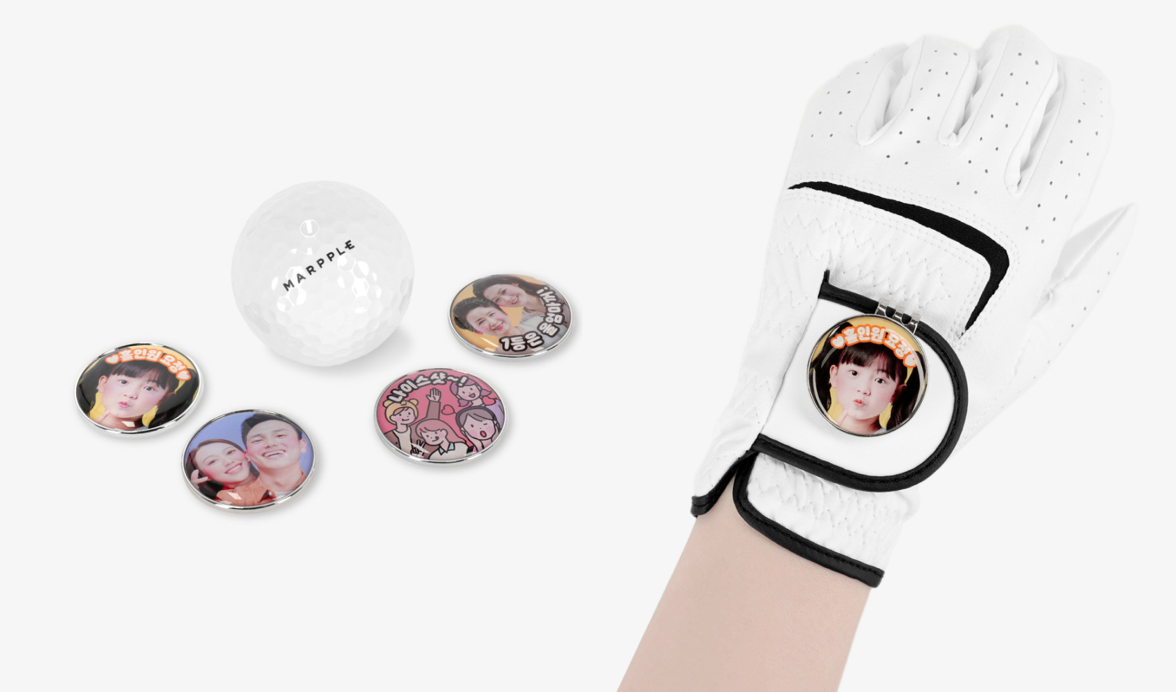 골프 장갑에 부착한 커스텀 볼마커 - 가족 사진·홀인원 문구 실사 인쇄 예시