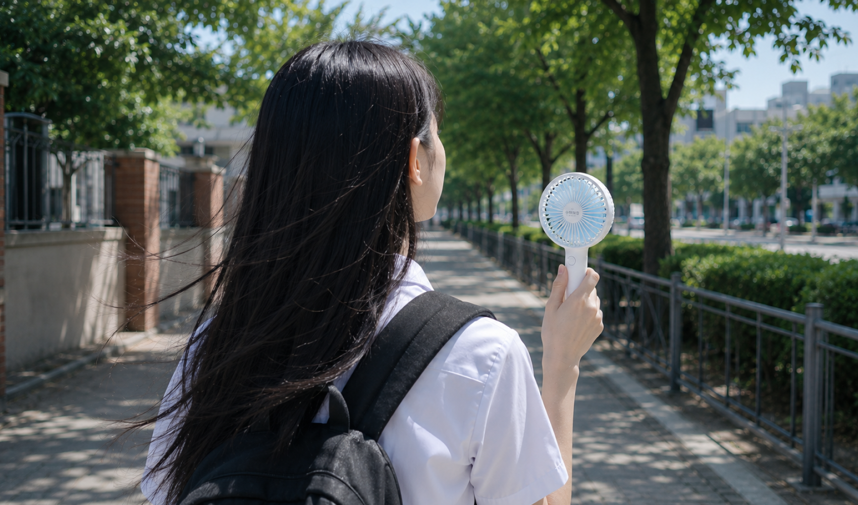마플 휴대용 선풍기 학원 브랜드 로고를 인쇄한 화이트 선풍기를 야외에서 학생이 들고 걷는 활용 이미지