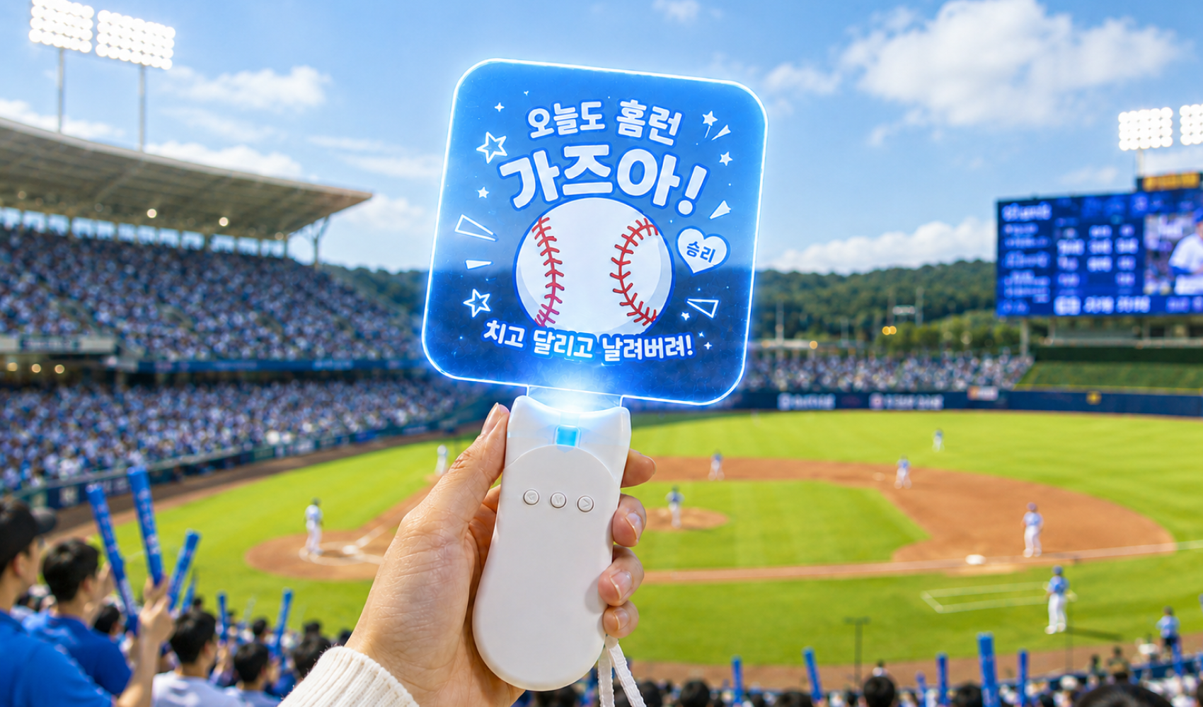 마플 사각 LED 응원봉 – 야구 응원 일러스트와 한글 문구를 UV 인쇄해 제작한 블루 LED 응원봉을 야구장에서 손으로 들고 있는 이미지