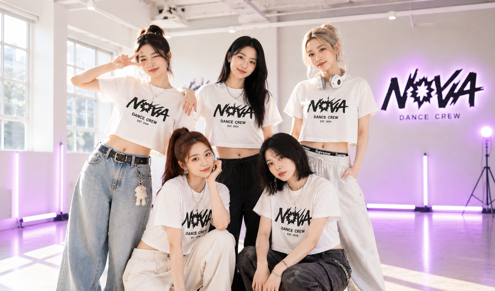 마플 반소매 크롭티 - 댄스 크루 로고를 인쇄해 제작한 화이트 크롭티를 댄스 스튜디오에서 5인이 착용한 이미지