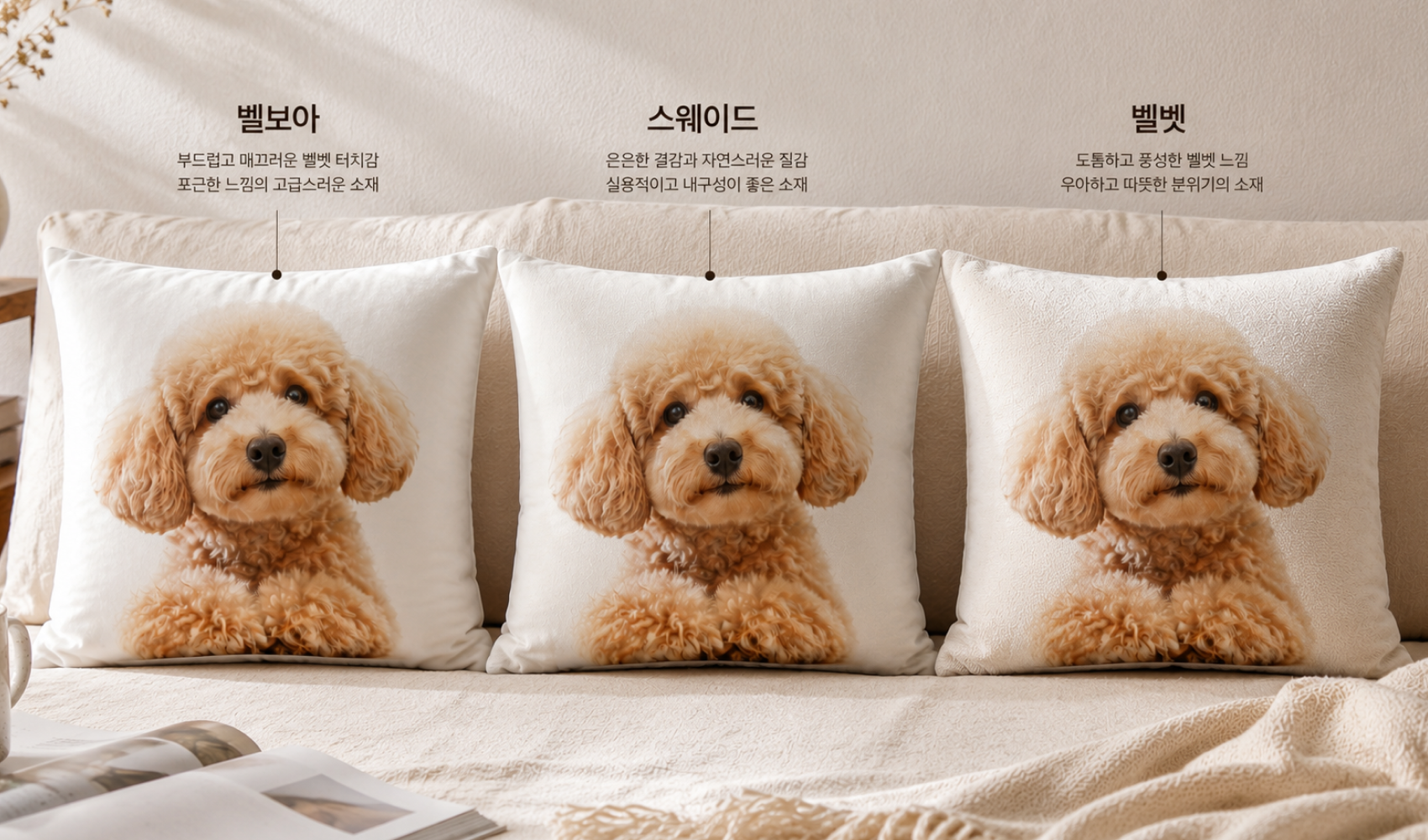마플 커스텀 모던 쿠션 – 반려견 사진을 풀컬러 인쇄해 제작한 벨보아·스웨이드·벨벳 쿠션 3종을 소파에 나란히 놓은 소재 비교 이미지