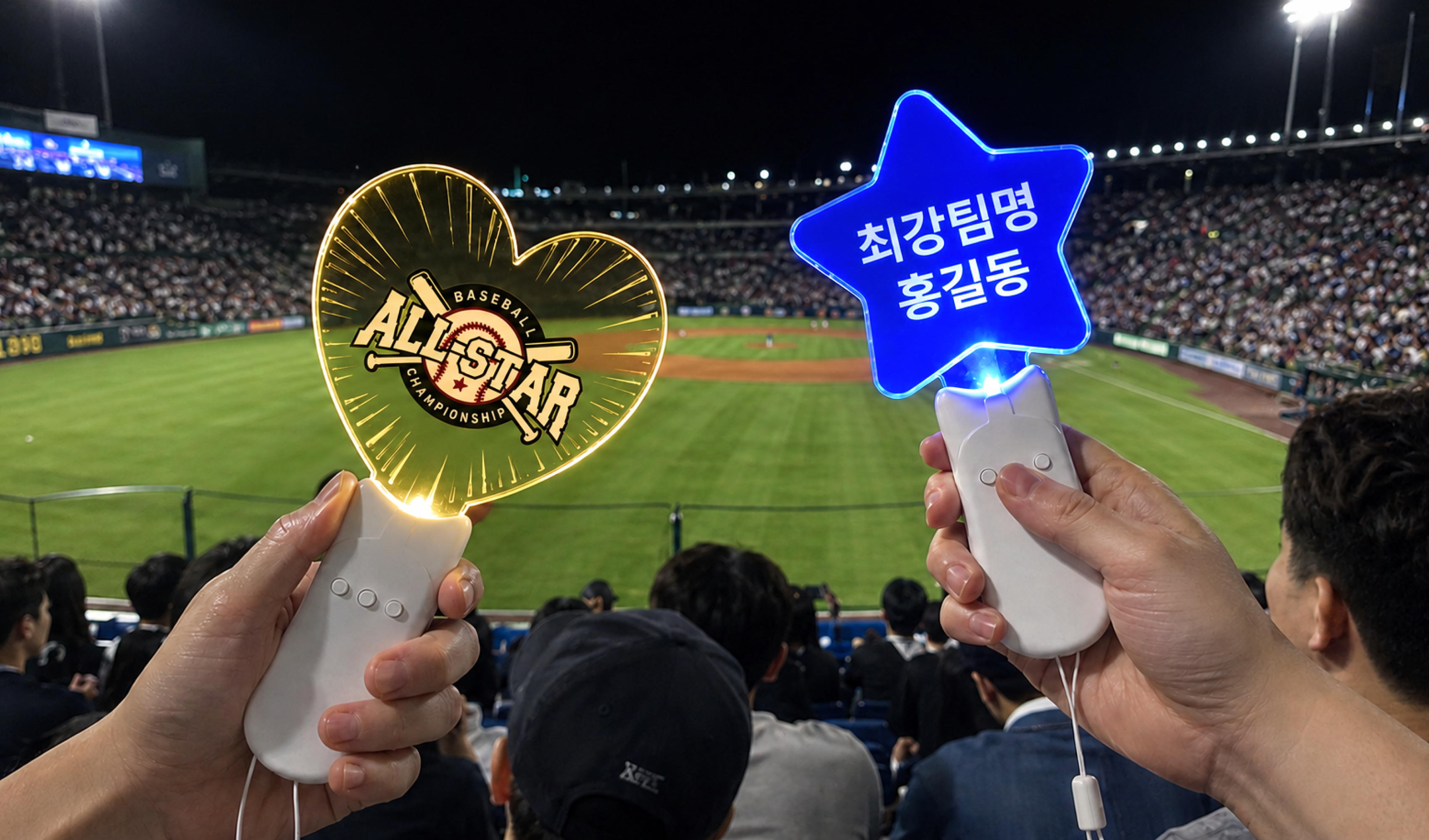 마플 LED 응원봉 – 야간 경기를 하는 야구장에서 LED 불빛 켜고 하트형 응원봉과 별형 응원봉으로 응원하는 이미지