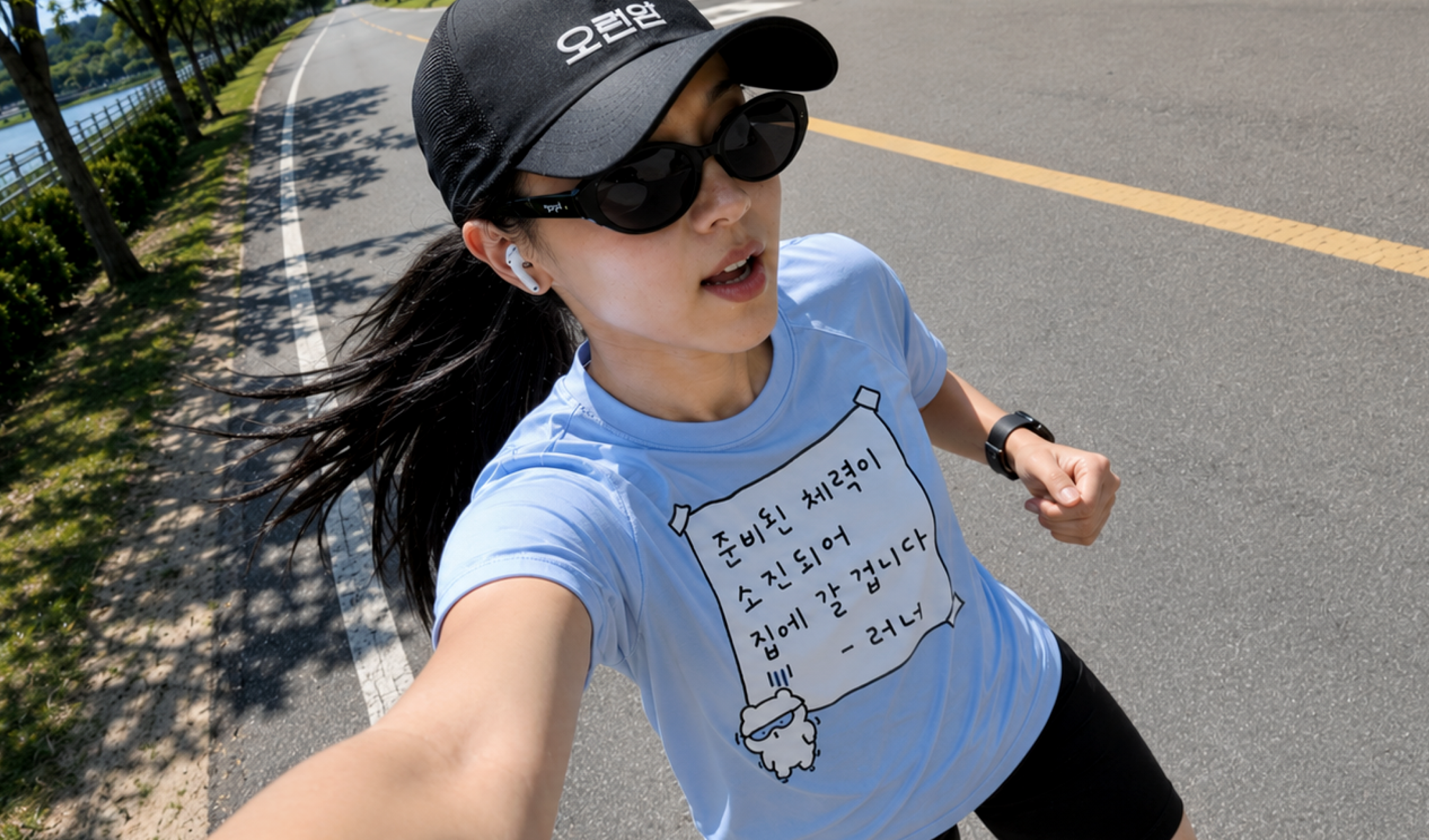 마플 러닝 크루 티셔츠 – 러닝 문구가 인쇄된 커스텀 기능성 티셔츠를 입고 한강을 달리는 여성 러너