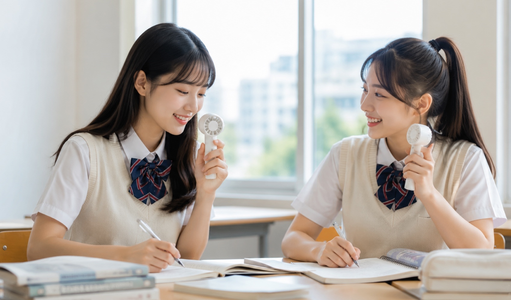 마플 휴대용 미니 선풍기 단체 제작 활용 예시, 교실에서 사용하는 학생 이미지
