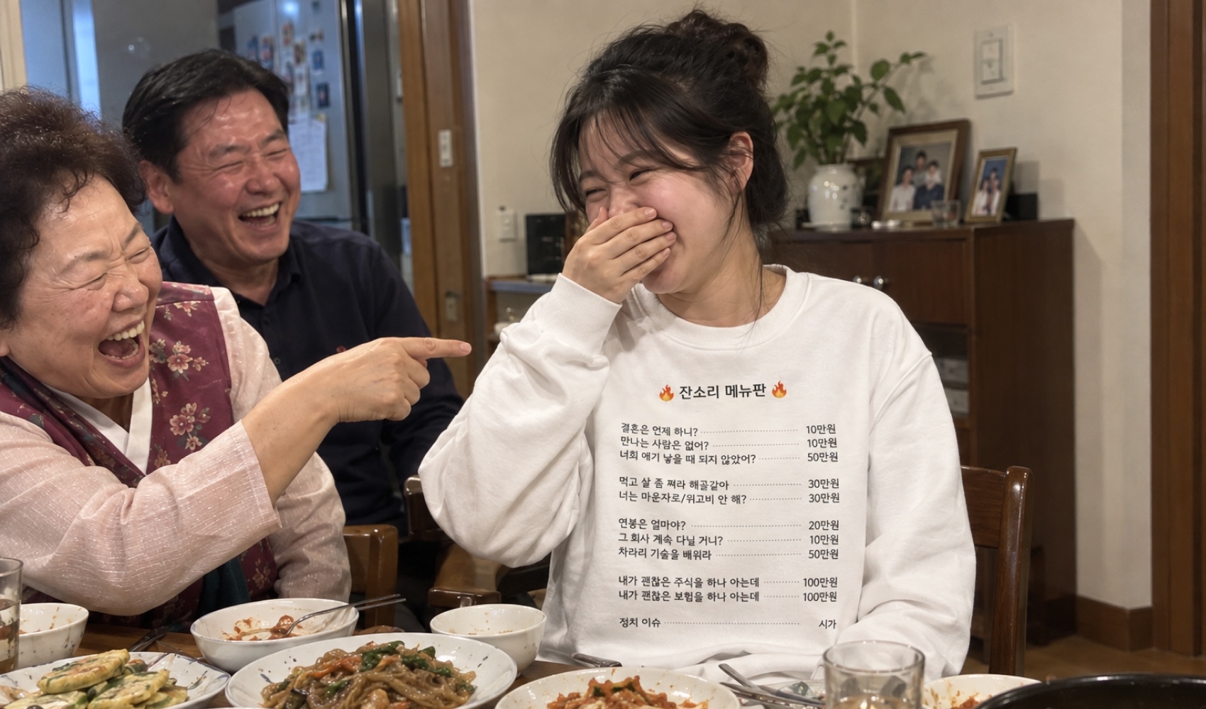 마플 명절 잔소리 방지 티셔츠 만들기 - 잔소리 메뉴판 문구가 적힌 흰색 맨투맨을 입고 가족과 명절 식사 자리에서 웃고 있는 여성