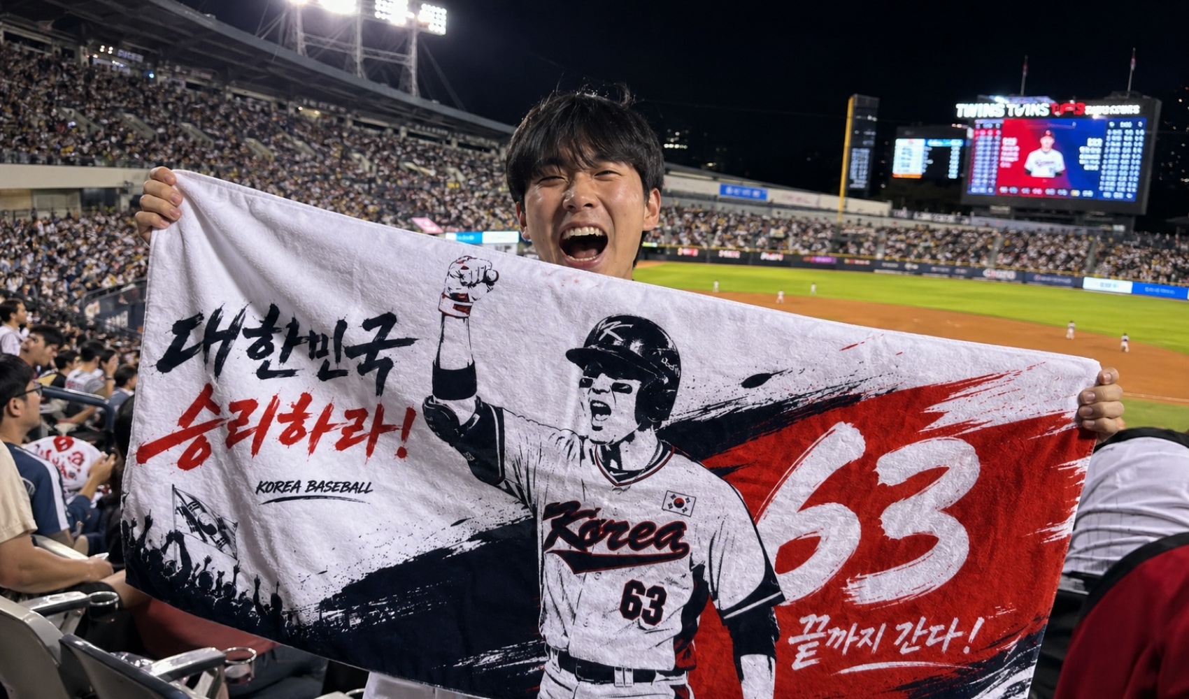 마플 비치타올 야구 선수 일러스트와 응원 문구를 풀 컬러 인쇄한 비치타올을 야구장에서 펼쳐 들고 있는 이미지
