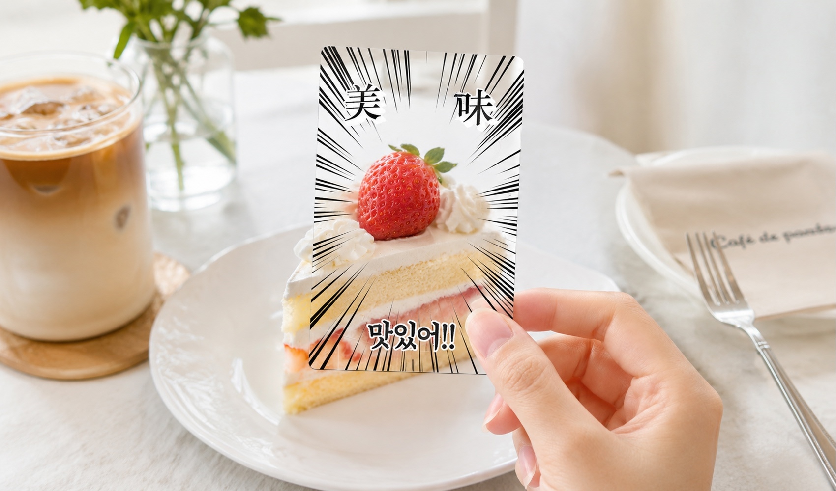 마플 투명 세로포토카드 – 음식 사진과 한자·한글 문구를 풀컬러 인쇄해 제작한 투명 포카를 카페 테이블에서 손으로 들고 있는 이미지