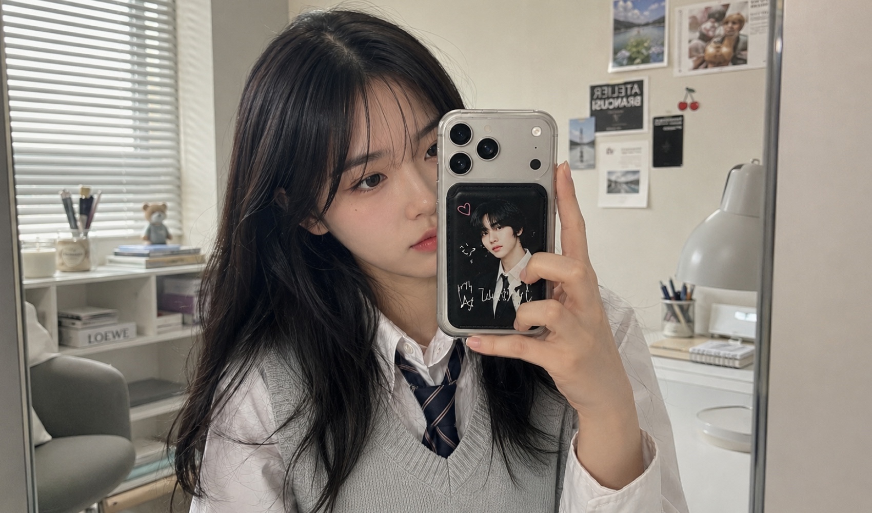 마플 맥세이프 스탠드 가죽 카드지갑 아이돌 사진을 UV 인쇄한 블랙 카드지갑을 아이폰에 부착해 거울 셀카를 찍는 이미지